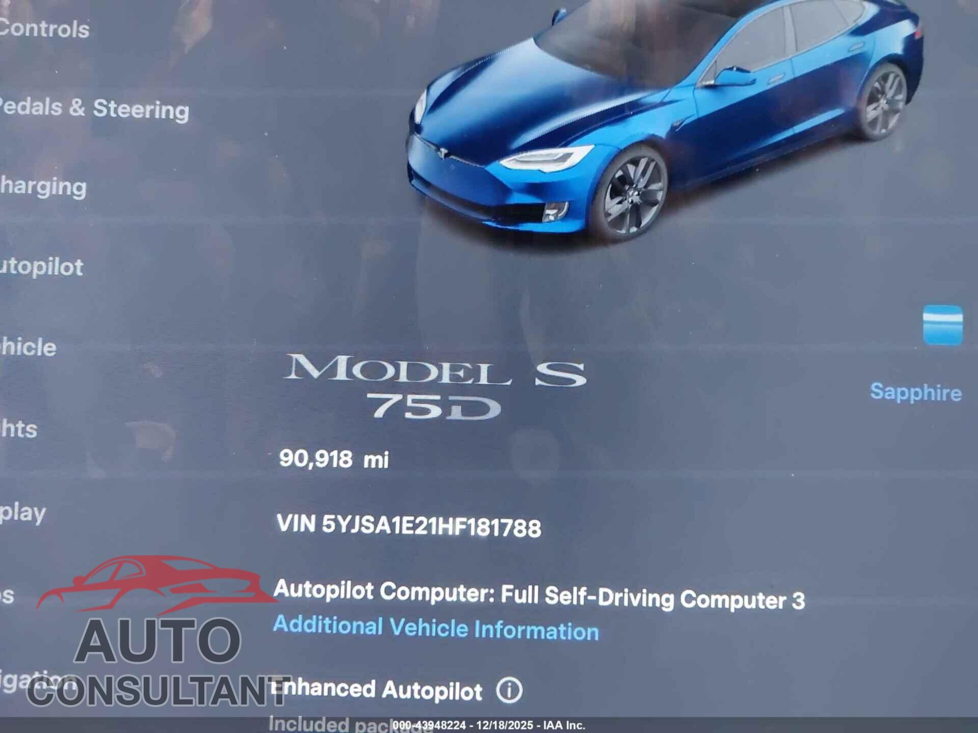 TESLA MODEL S 2017 - 5YJSA1E21HF181788