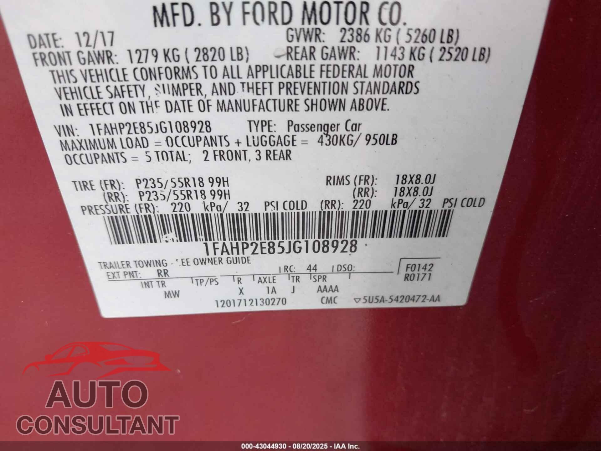 FORD TAURUS 2018 - 1FAHP2E85JG108928