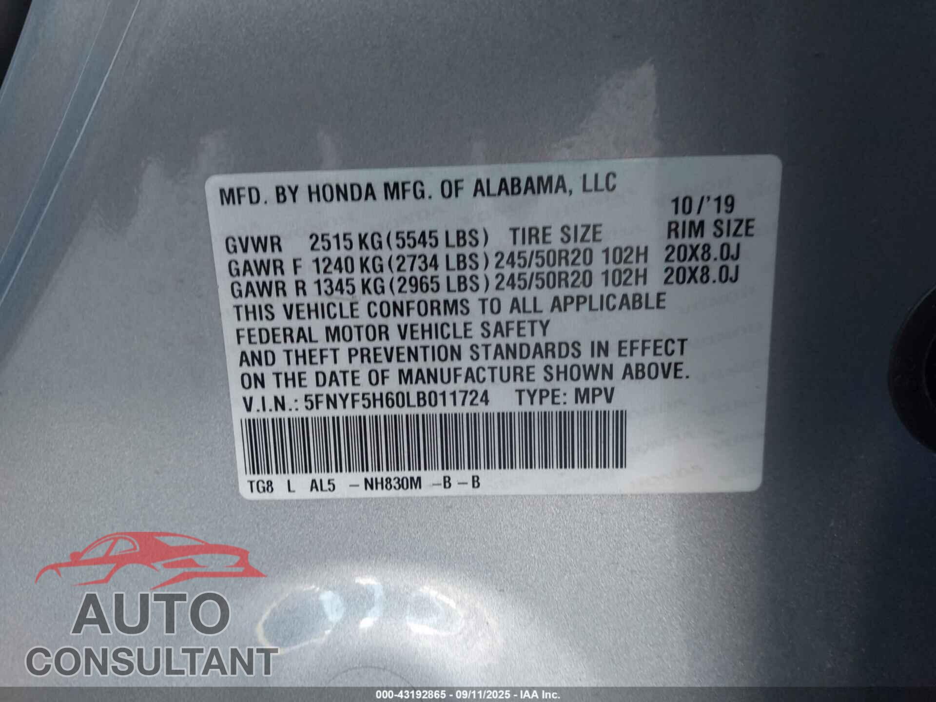 HONDA PILOT 2020 - 5FNYF5H60LB011724