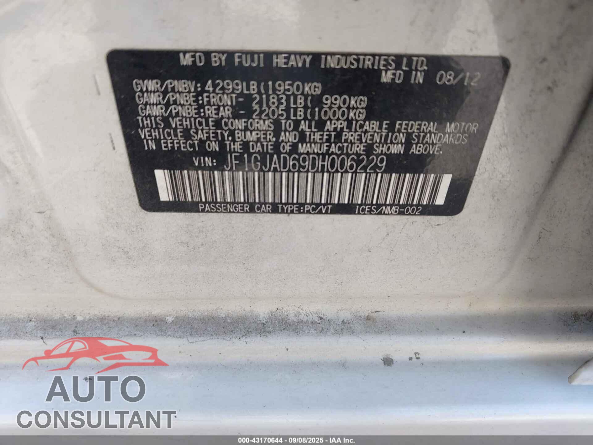 SUBARU IMPREZA 2013 - JF1GJAD69DH006229