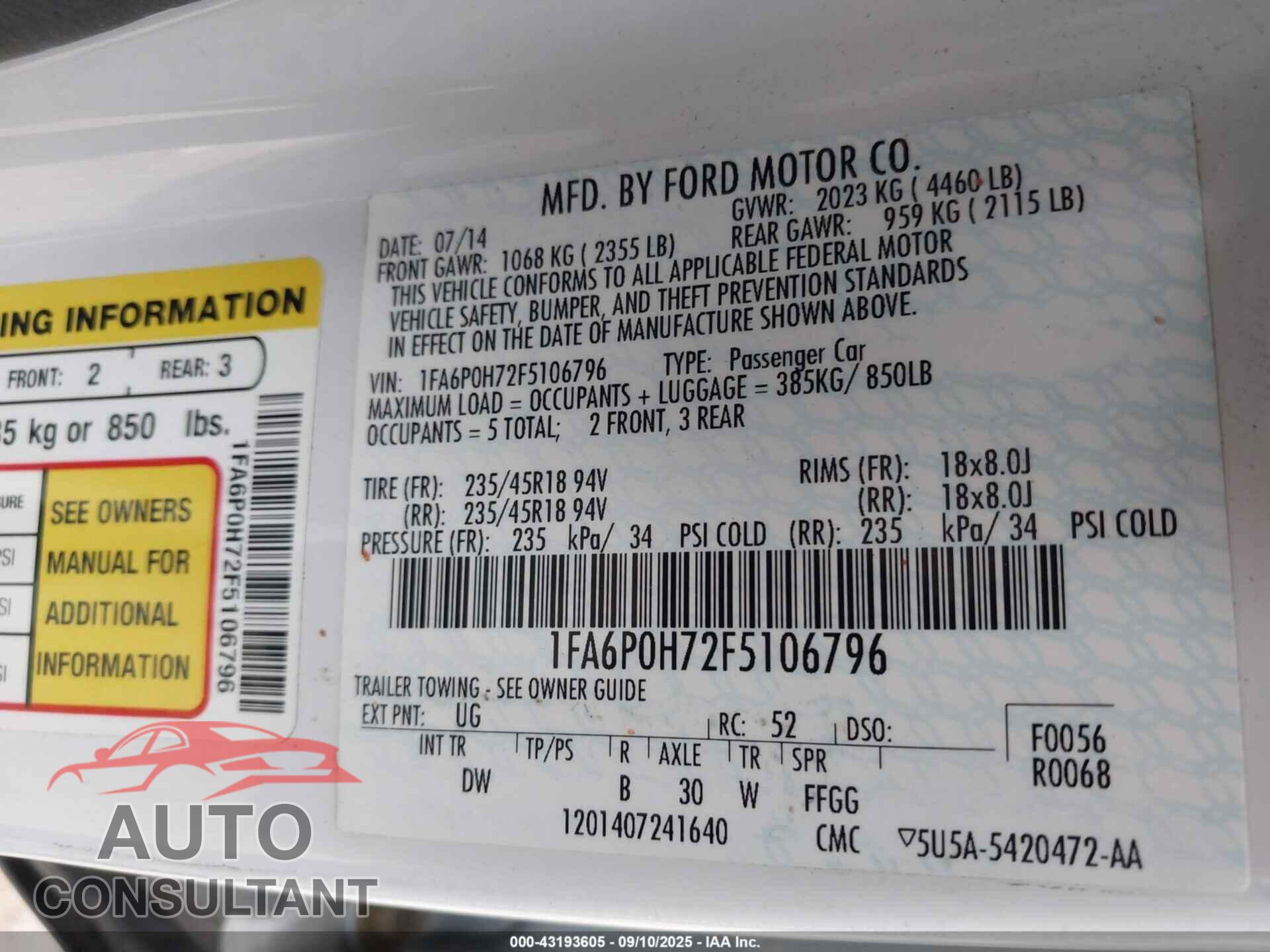 FORD FUSION 2015 - 1FA6P0H72F5106796