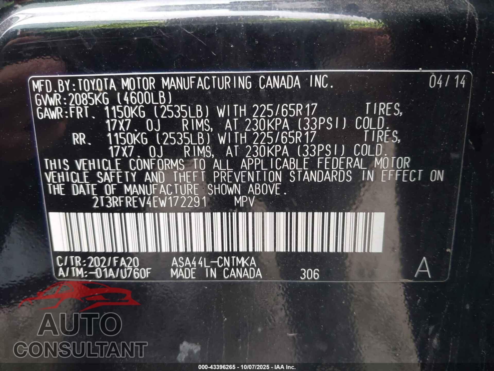 TOYOTA RAV4 2014 - 2T3RFREV4EW172291