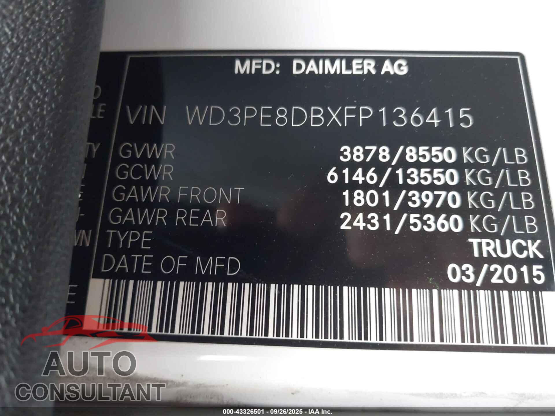 MERCEDES-BENZ SPRINTER 2500 2015 - WD3PE8DBXFP136415