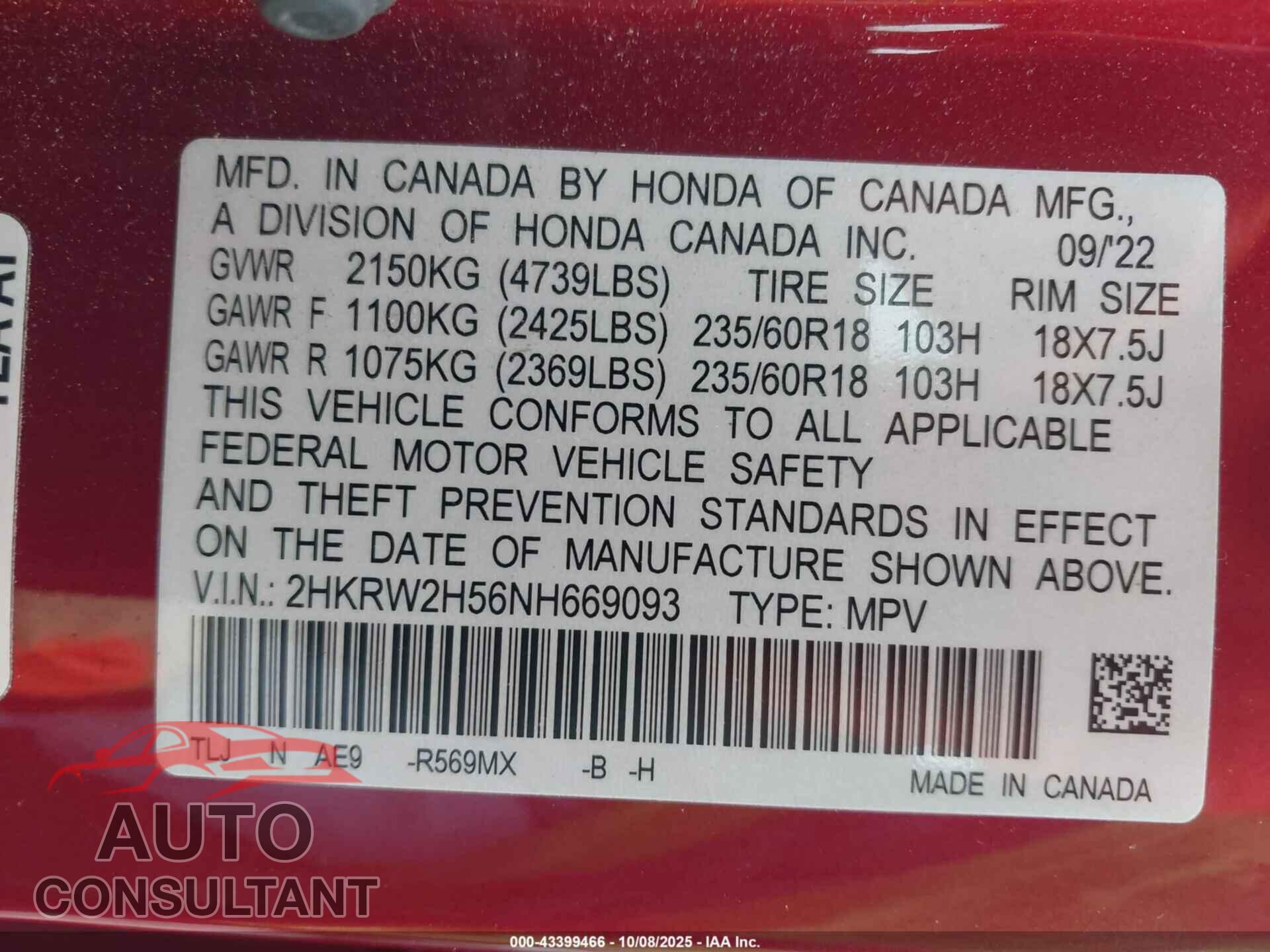 HONDA CR-V 2022 - 2HKRW2H56NH669093