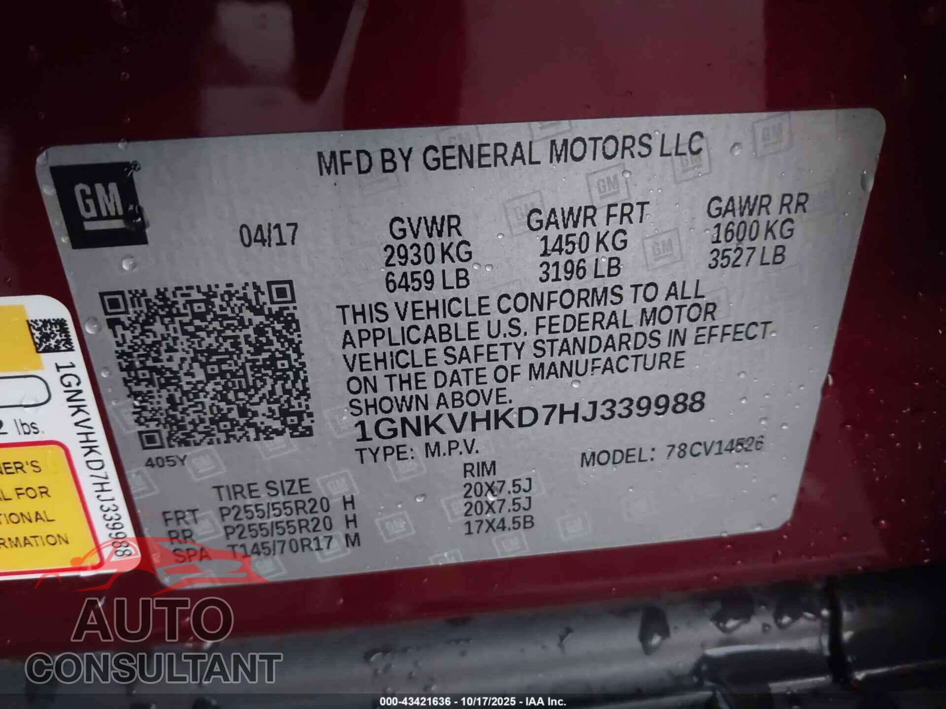 CHEVROLET TRAVERSE 2017 - 1GNKVHKD7HJ339988