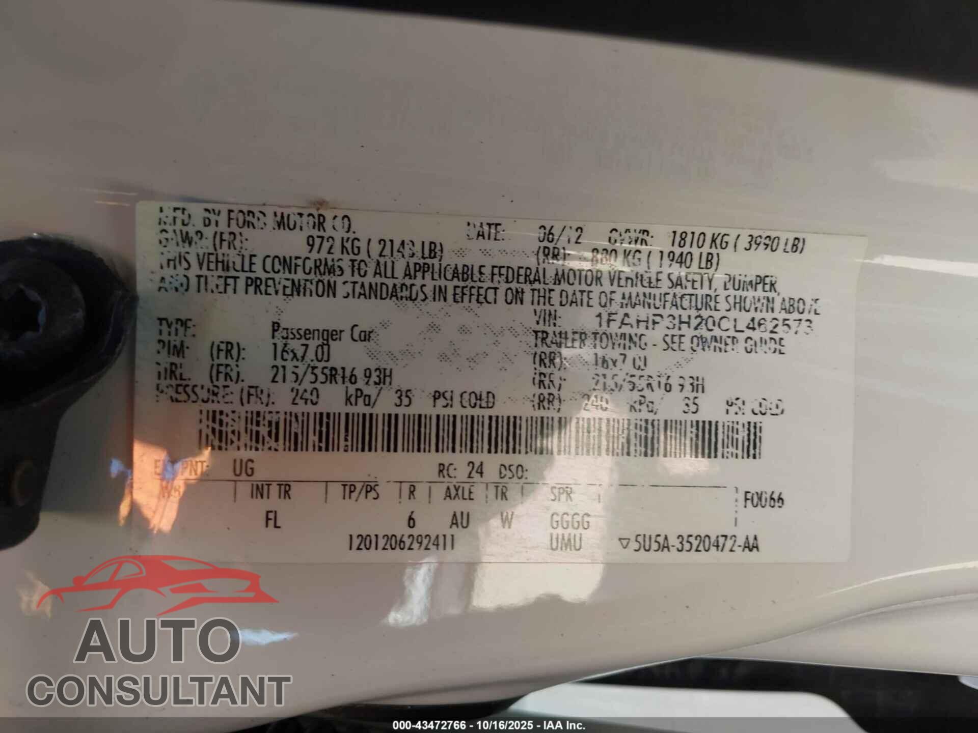 FORD FOCUS 2012 - 1FAHP3H20CL462573