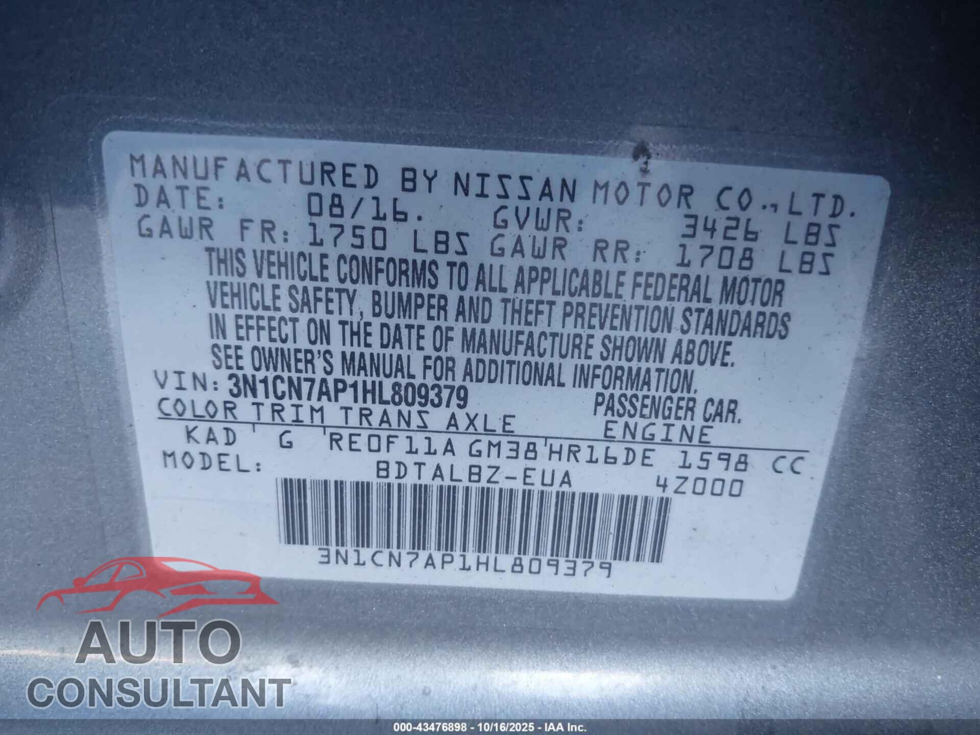NISSAN VERSA 2017 - 3N1CN7AP1HL809379