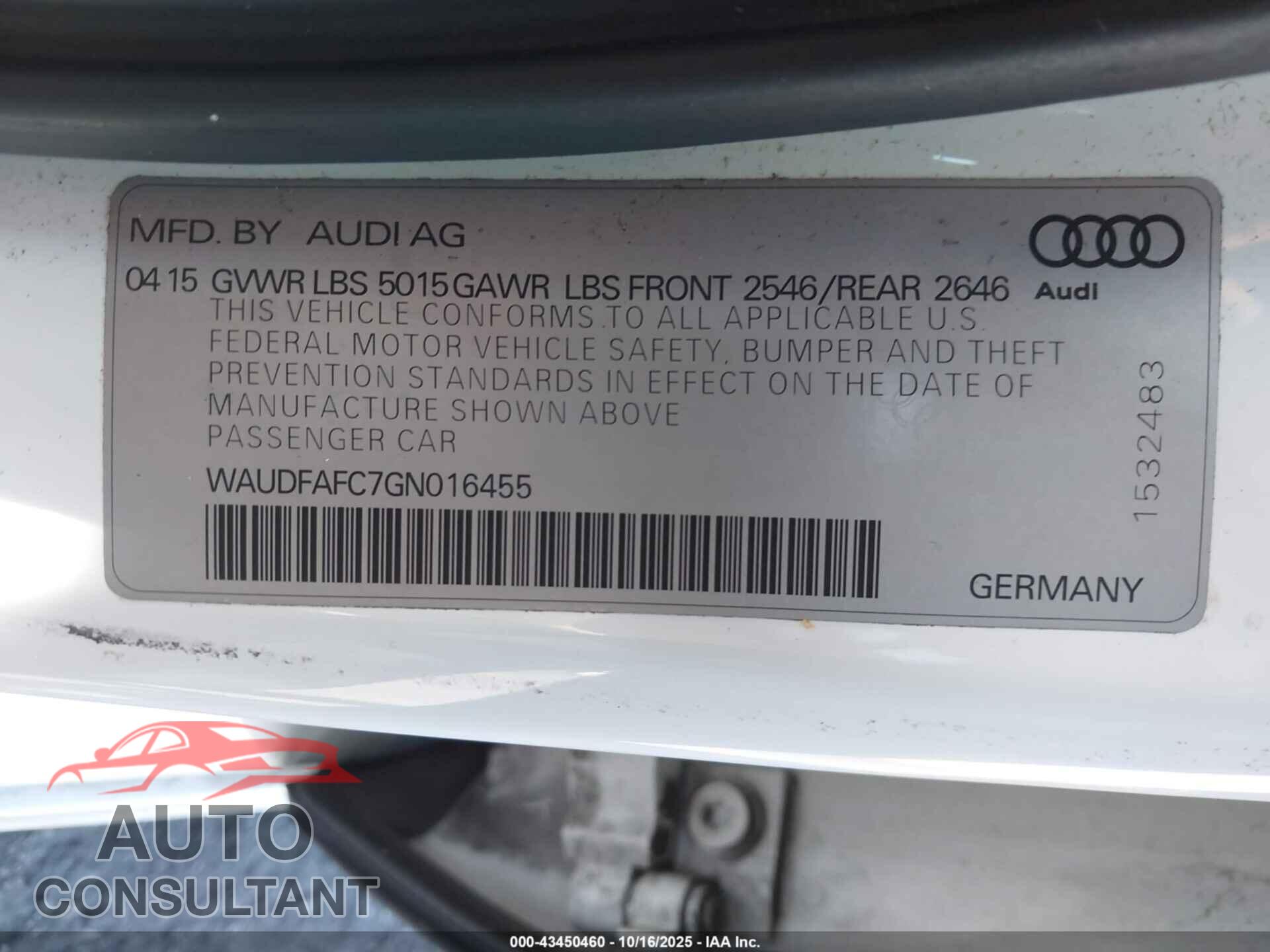 AUDI A6 2016 - WAUDFAFC7GN016455