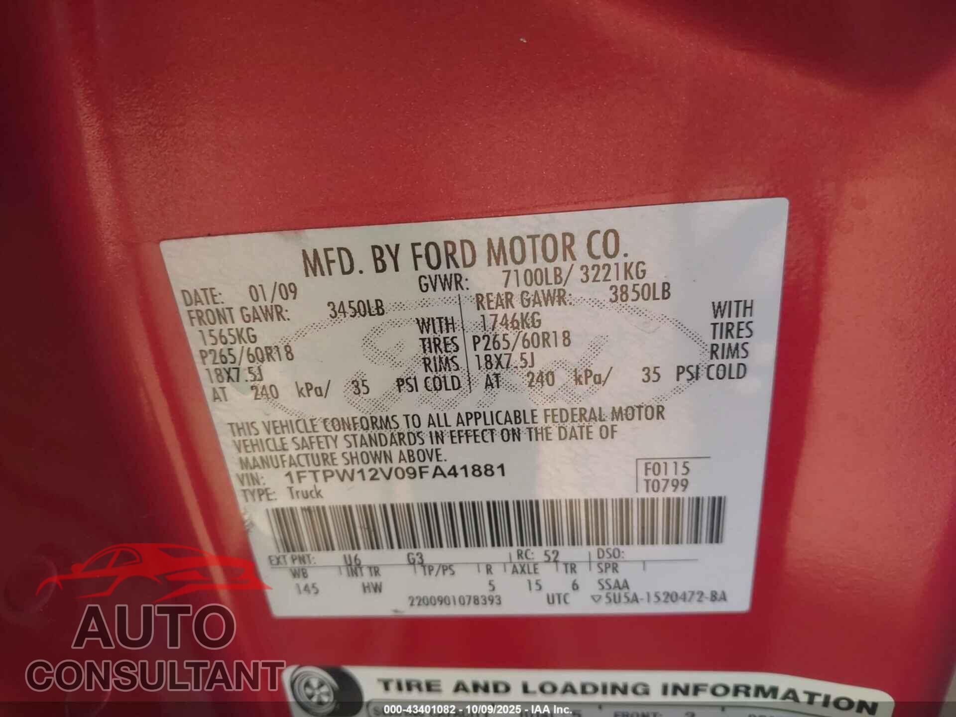 FORD F-150 2009 - 1FTPW12V09FA41881