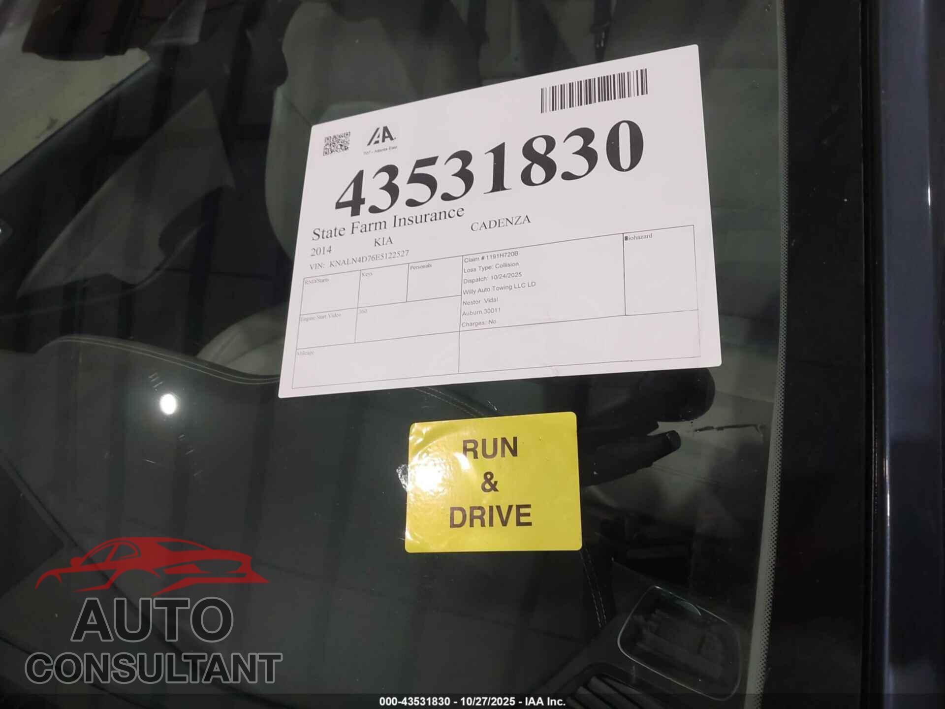 KIA CADENZA 2014 - KNALN4D76E5122527