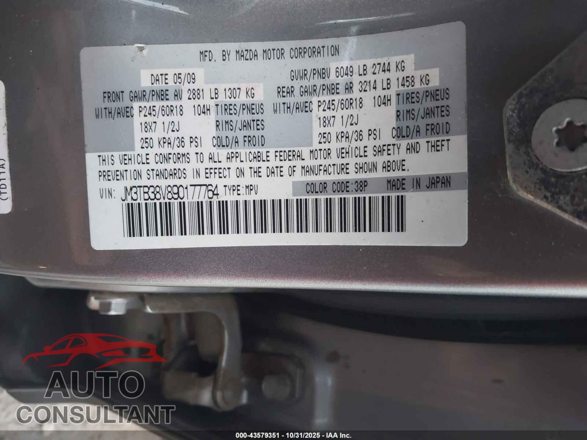 MAZDA CX-9 2009 - JM3TB38V890177764
