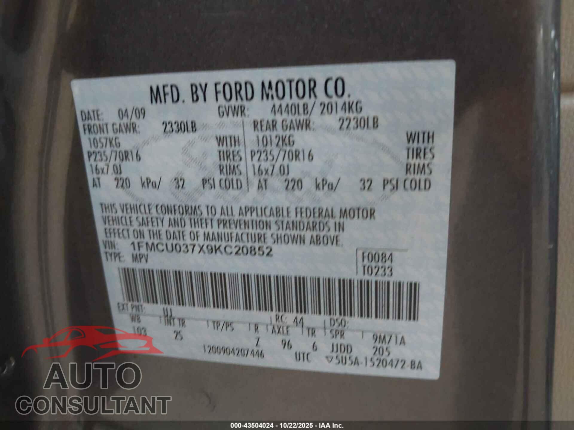 FORD ESCAPE 2009 - 1FMCU037X9KC20852