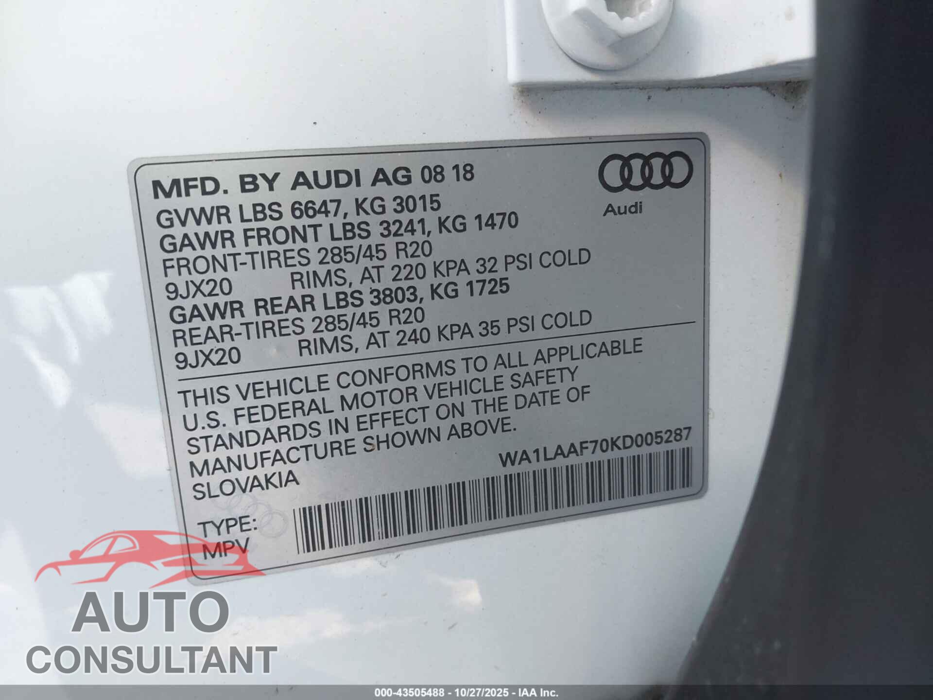 AUDI Q7 2019 - WA1LAAF70KD005287