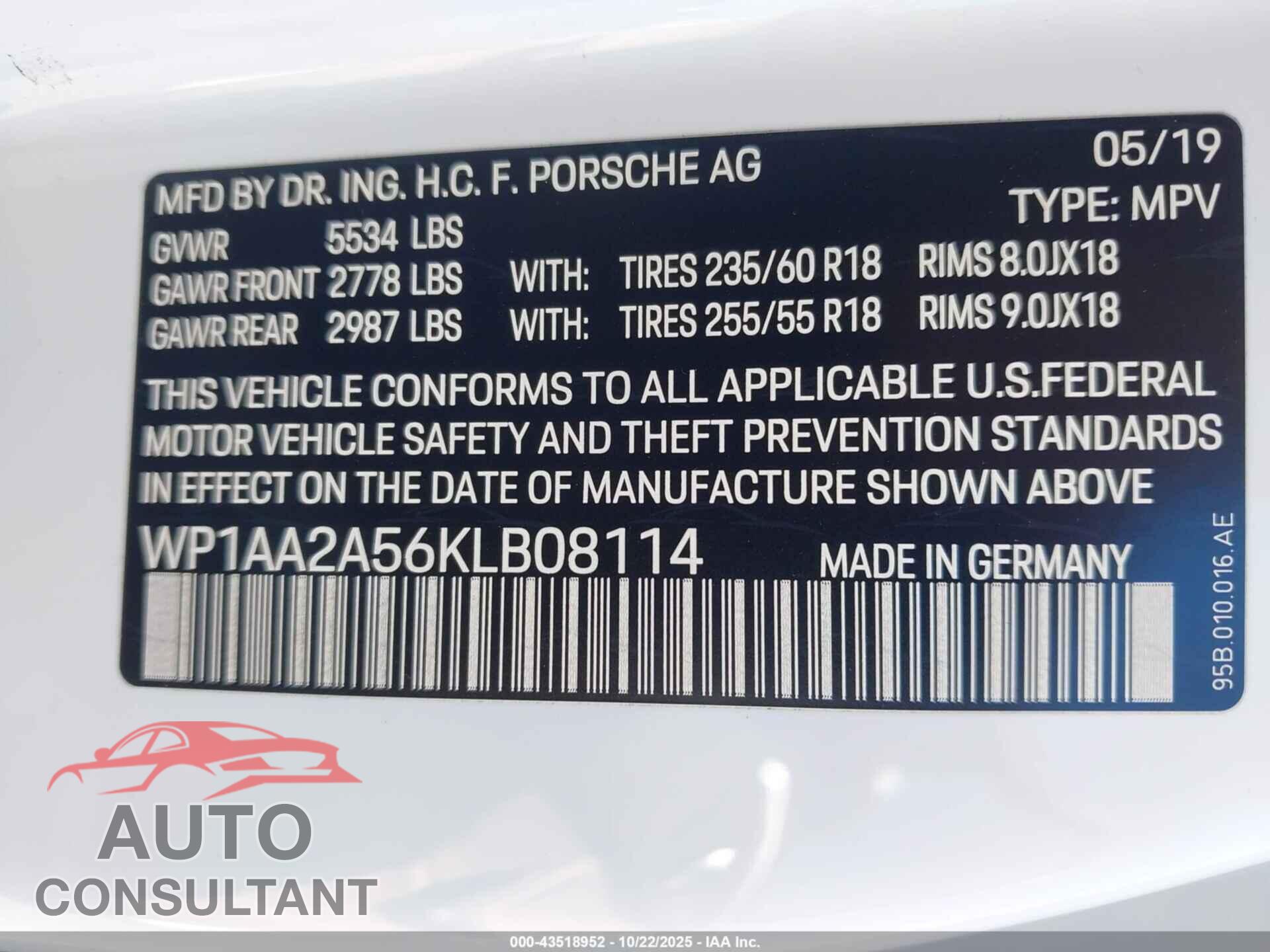PORSCHE MACAN 2019 - WP1AA2A56KLB08114