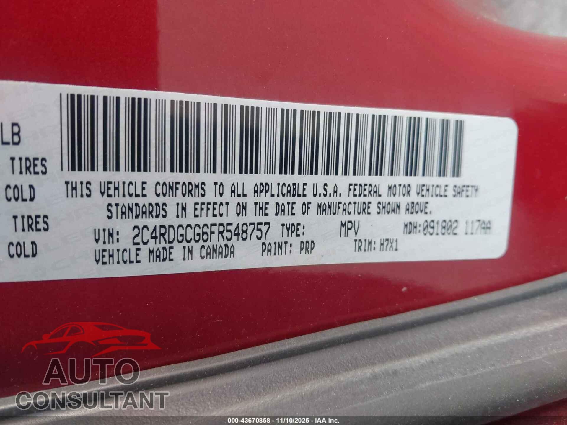 DODGE GRAND CARAVAN 2015 - 2C4RDGCG6FR548757