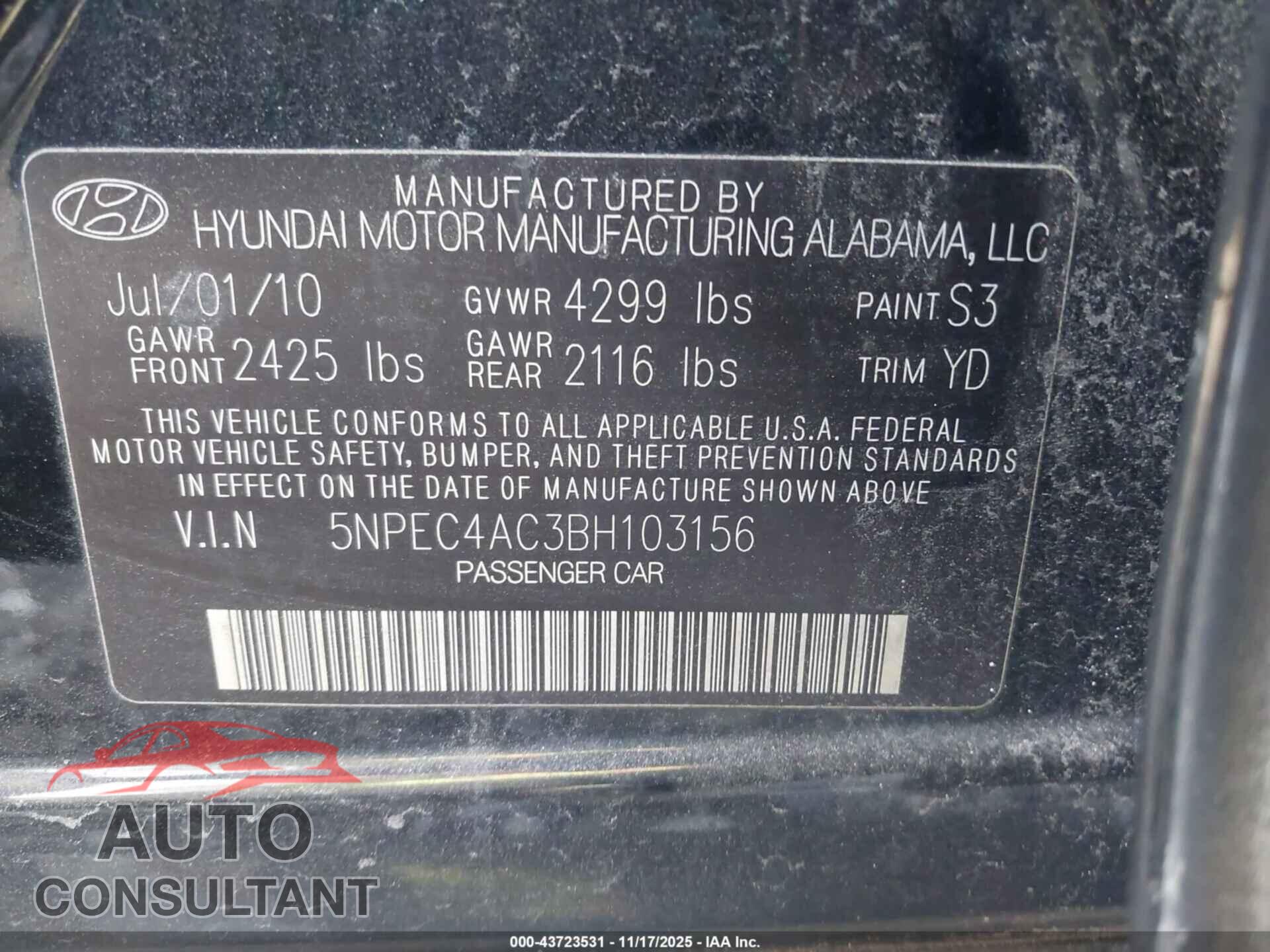 HYUNDAI SONATA 2011 - 5NPEC4AC3BH103156