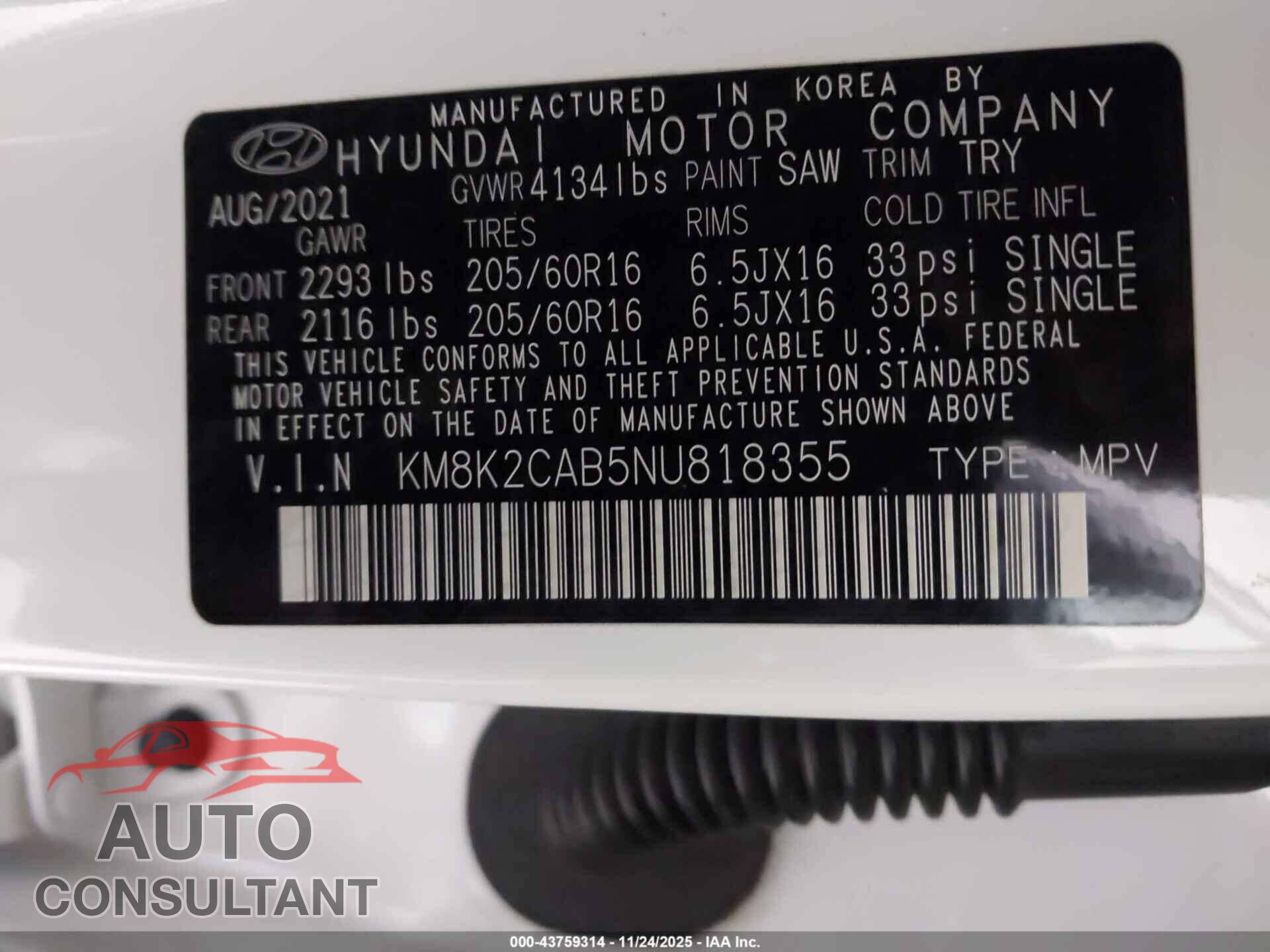 HYUNDAI KONA 2022 - KM8K2CAB5NU818355