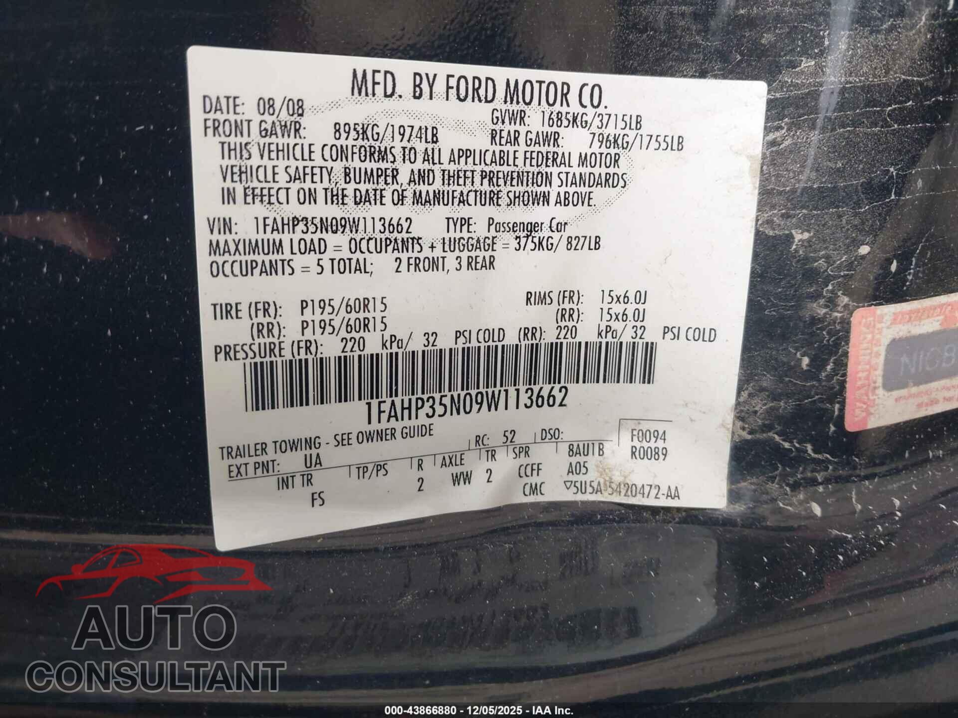 FORD FOCUS 2009 - 1FAHP35N09W113662