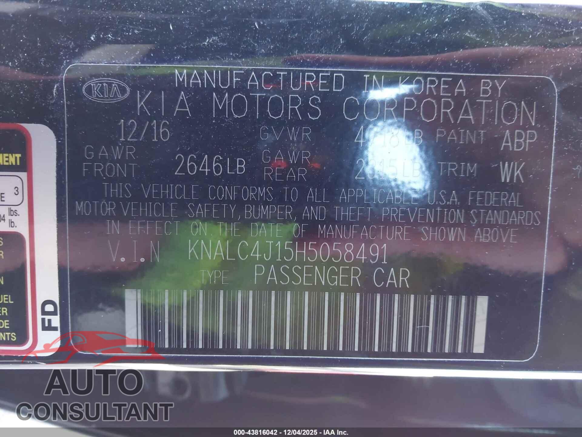KIA CADENZA 2017 - KNALC4J15H5058491