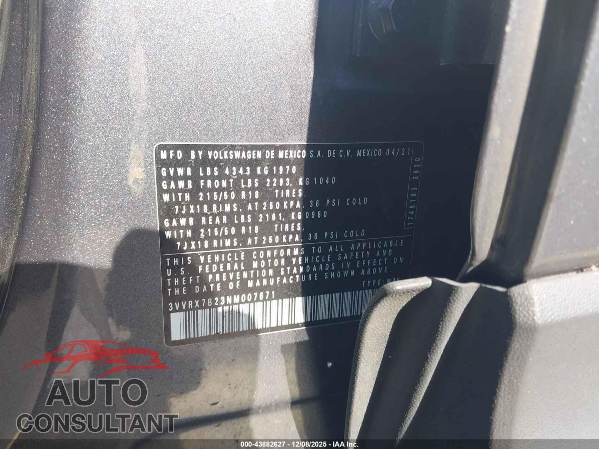 VOLKSWAGEN TAOS 2022 - 3VVRX7B23NM007671