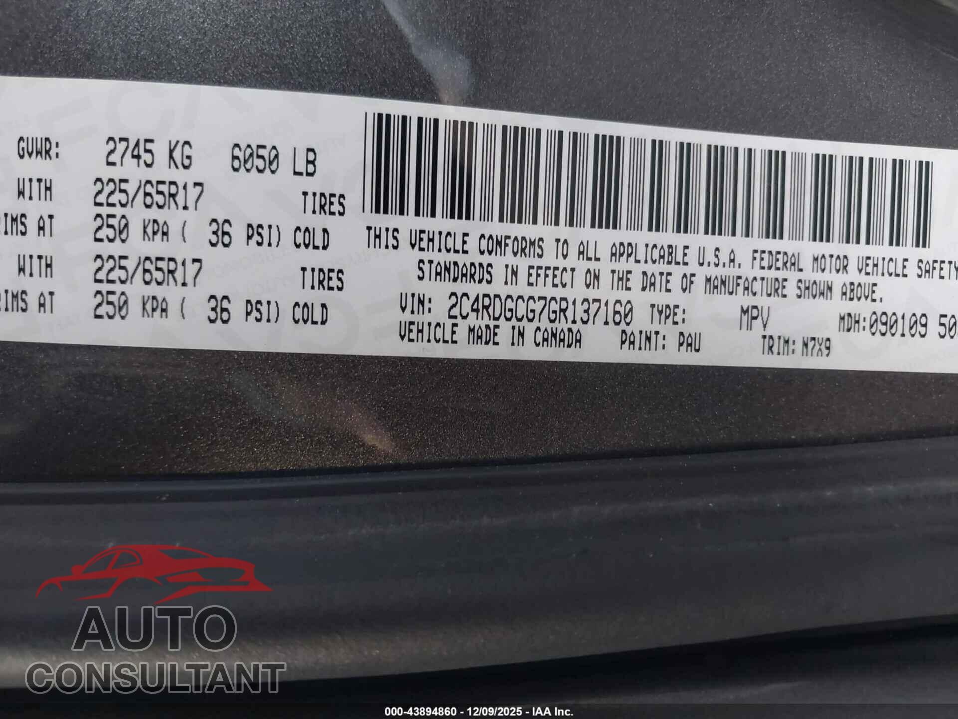 DODGE GRAND CARAVAN 2016 - 2C4RDGCG7GR137160