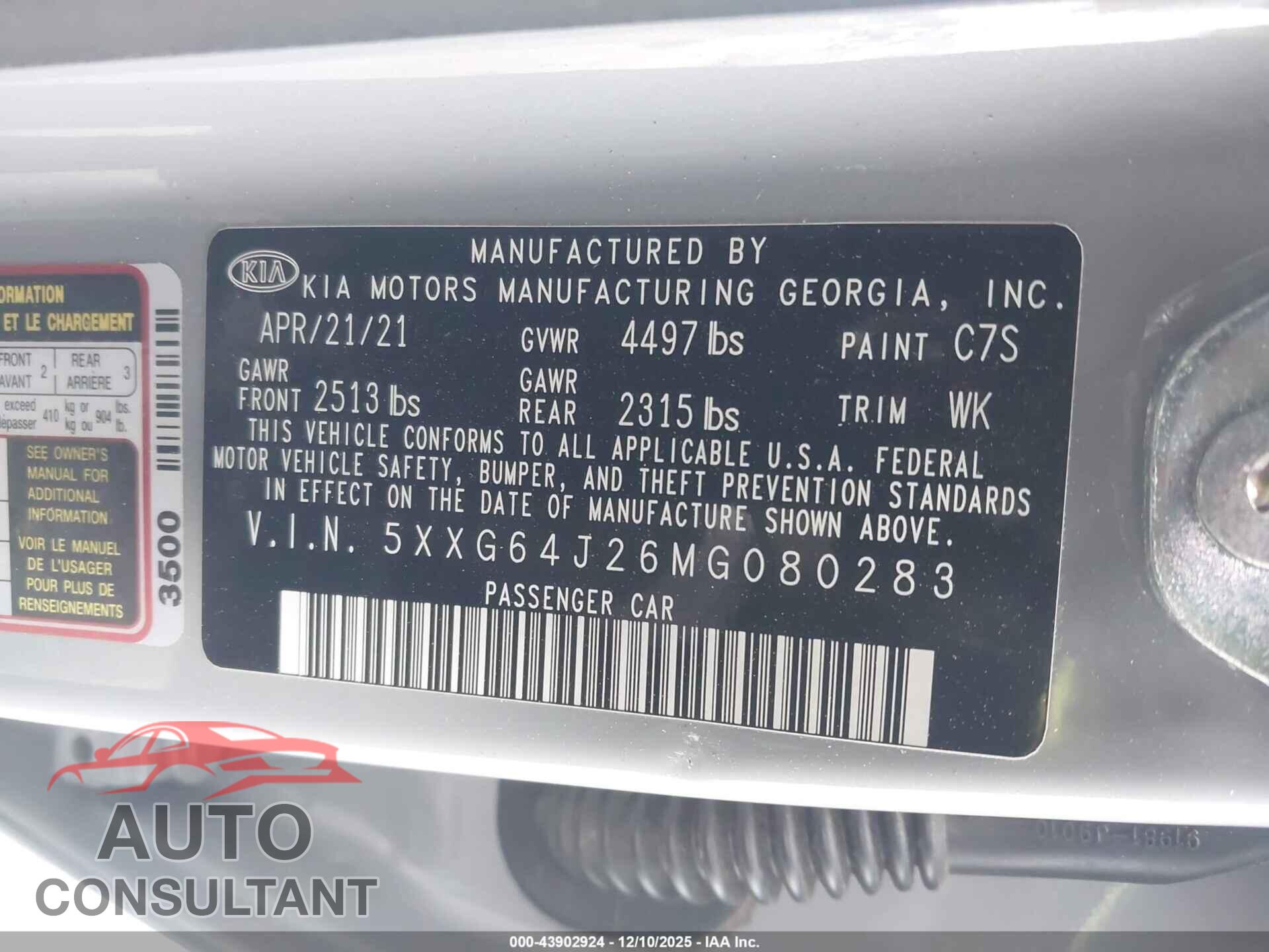 KIA K5 2021 - 5XXG64J26MG080283