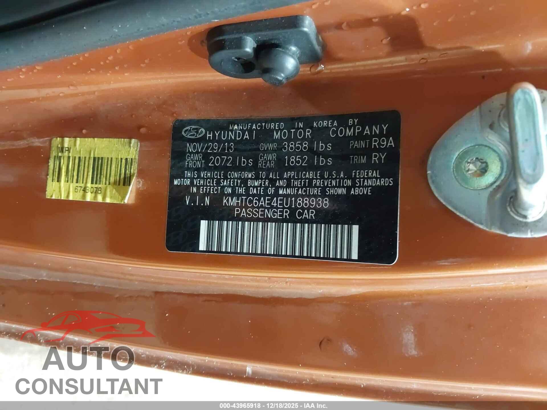 HYUNDAI VELOSTER 2014 - KMHTC6AE4EU188938