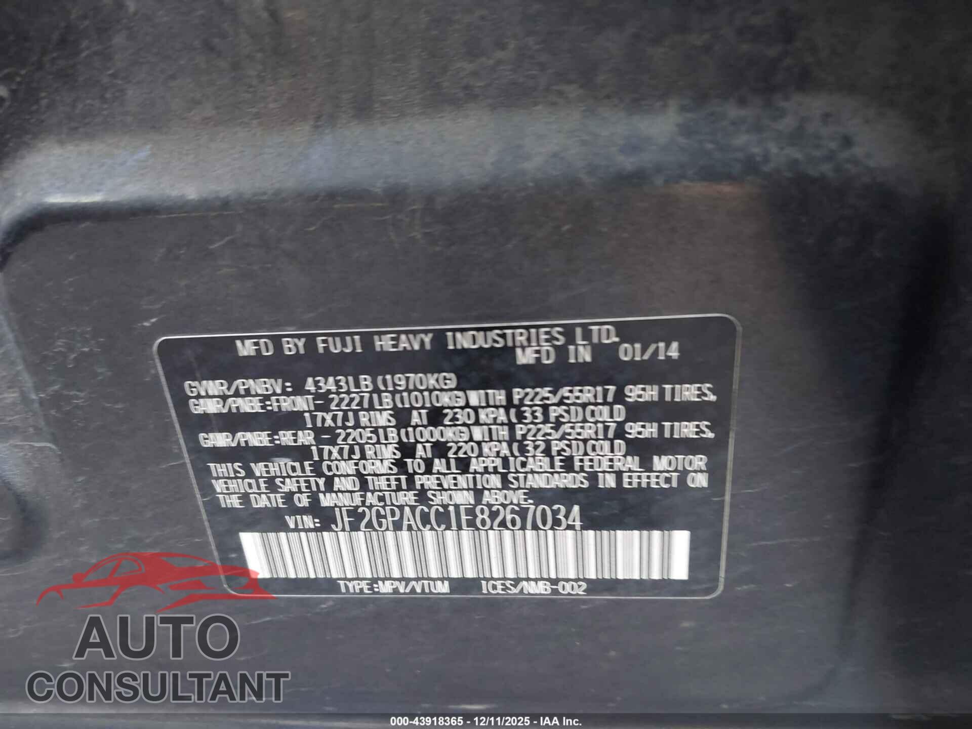 SUBARU XV CROSSTREK 2014 - JF2GPACC1E8267034