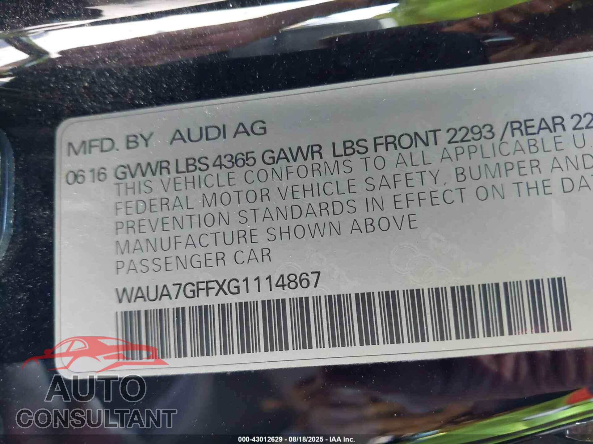 AUDI A3 2016 - WAUA7GFFXG1114867