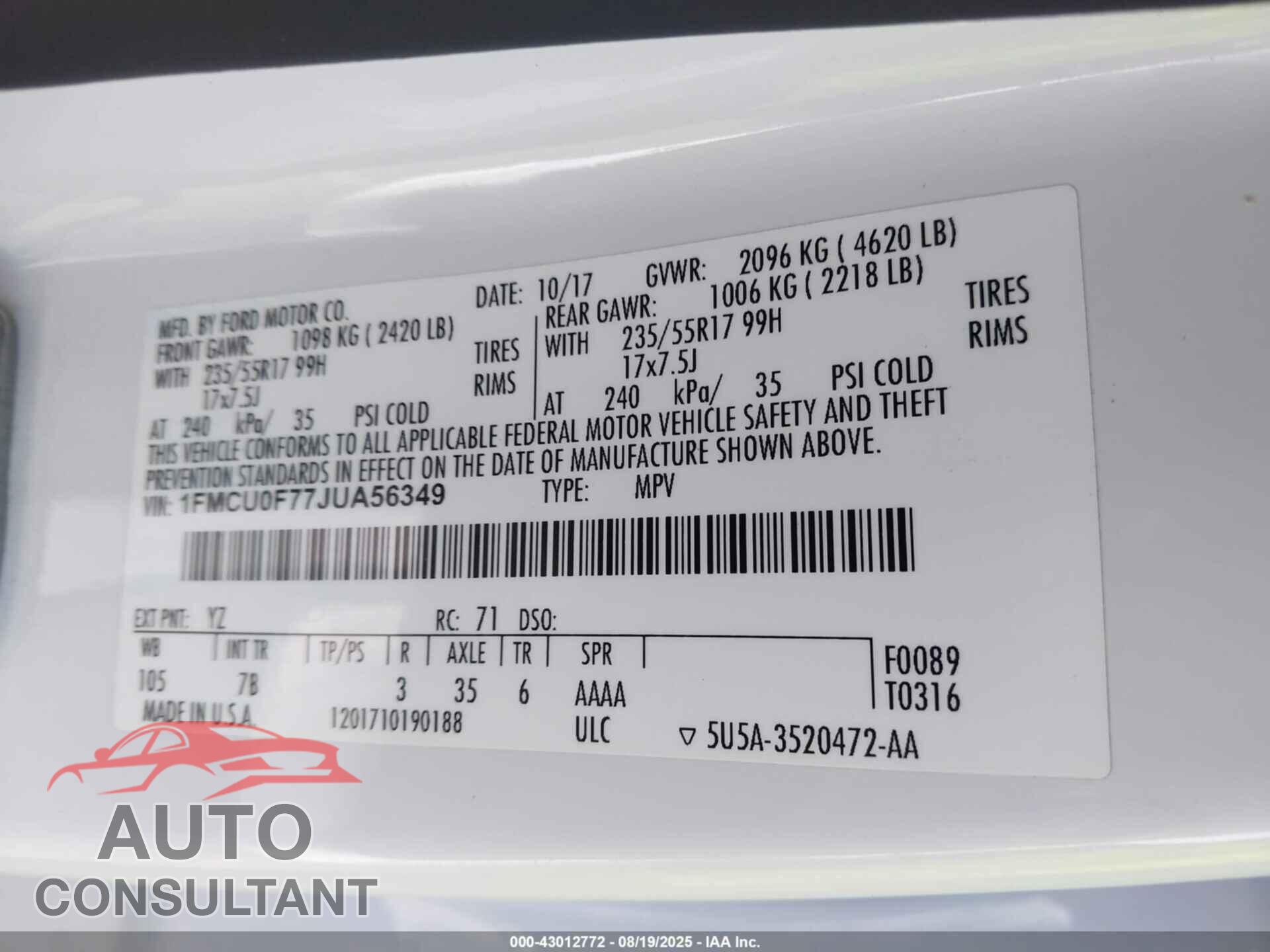 FORD ESCAPE 2018 - 1FMCU0F77JUA56349