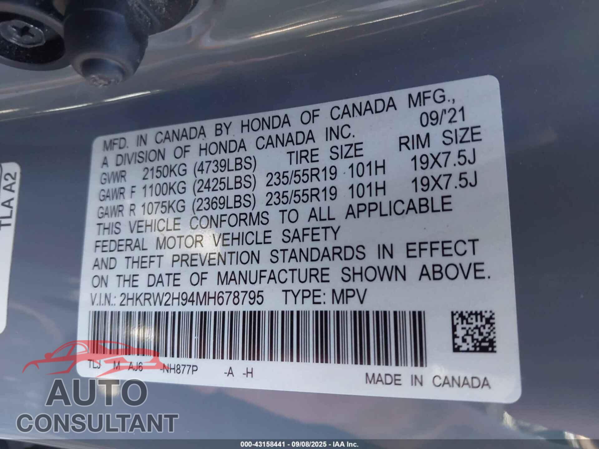 HONDA CR-V 2021 - 2HKRW2H94MH678795