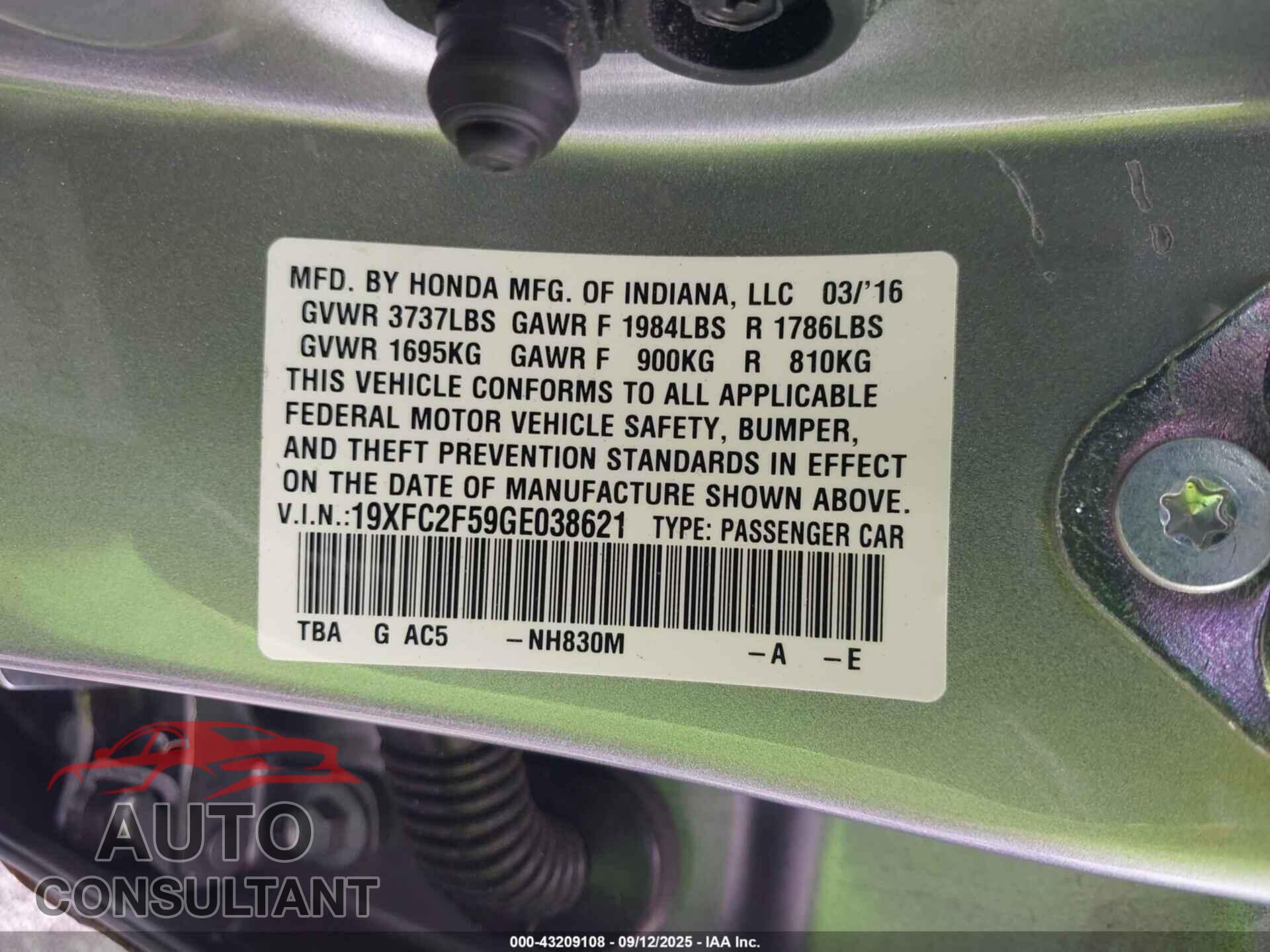 HONDA CIVIC 2016 - 19XFC2F59GE038621