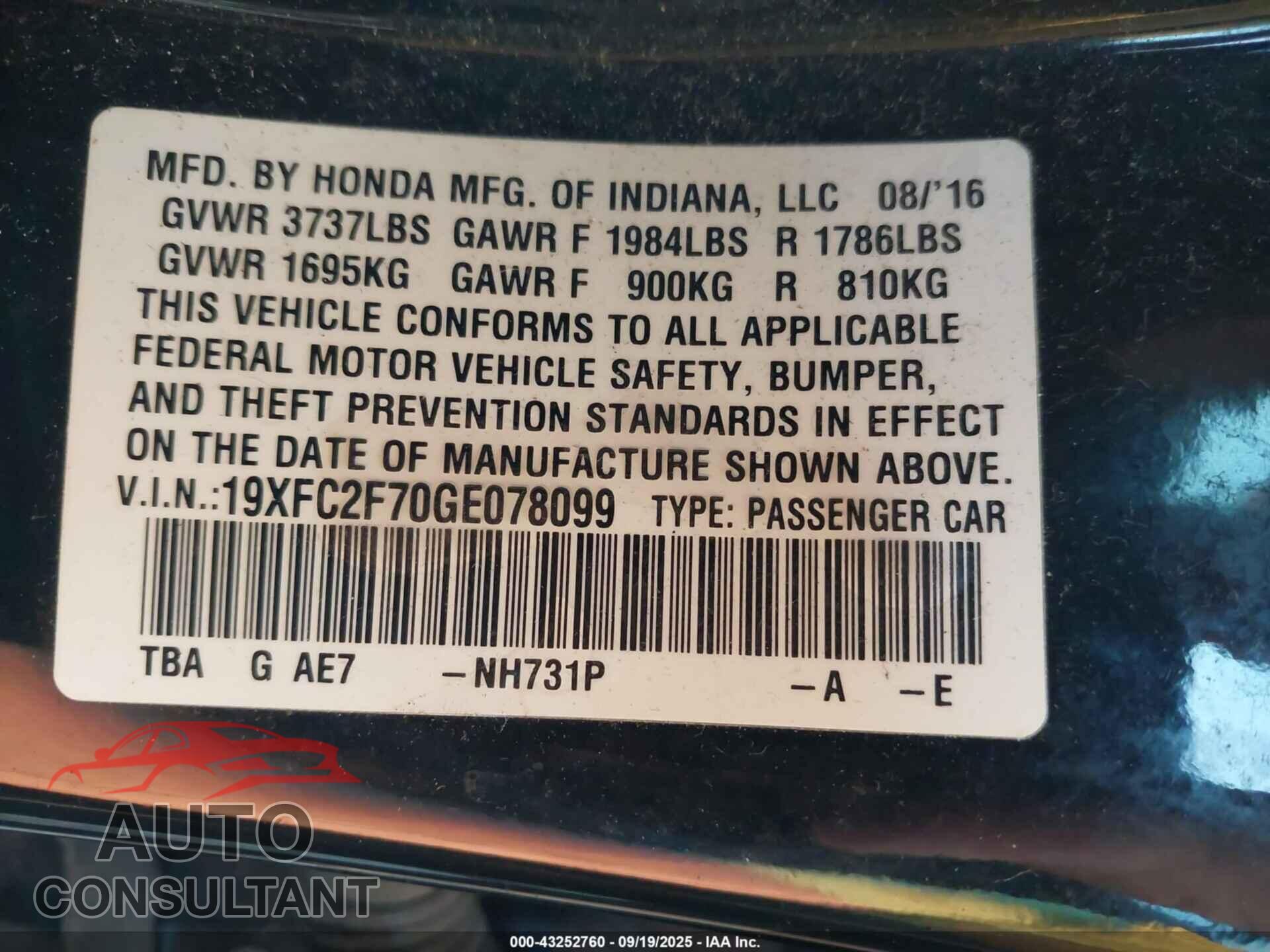 HONDA CIVIC 2016 - 19XFC2F70GE078099