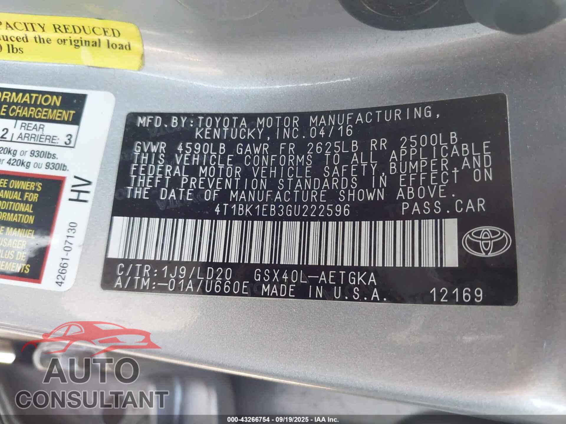 TOYOTA AVALON 2016 - 4T1BK1EB3GU222596