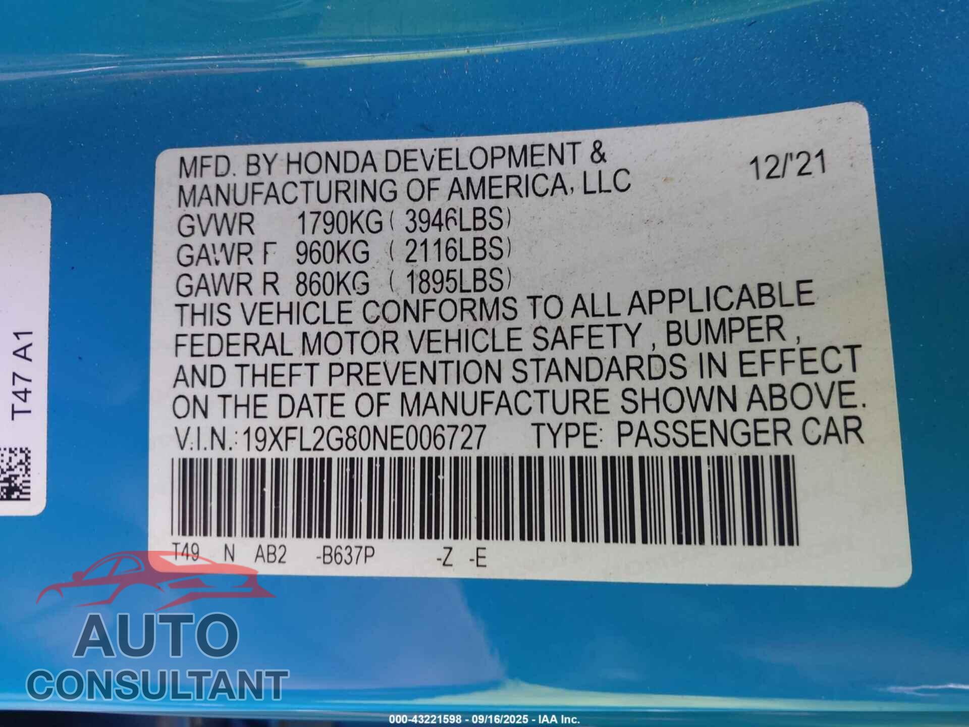 HONDA CIVIC 2022 - 19XFL2G80NE006727