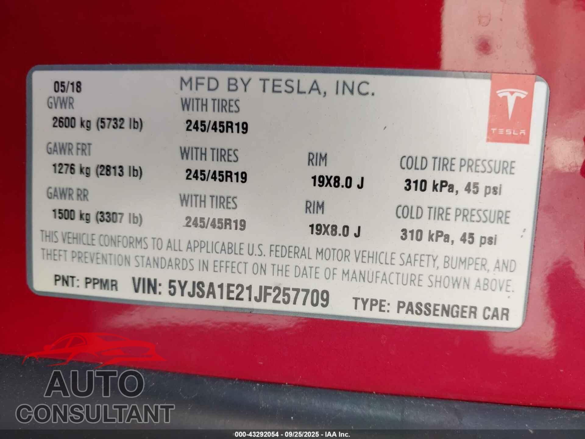 TESLA MODEL S 2018 - 5YJSA1E21JF257709