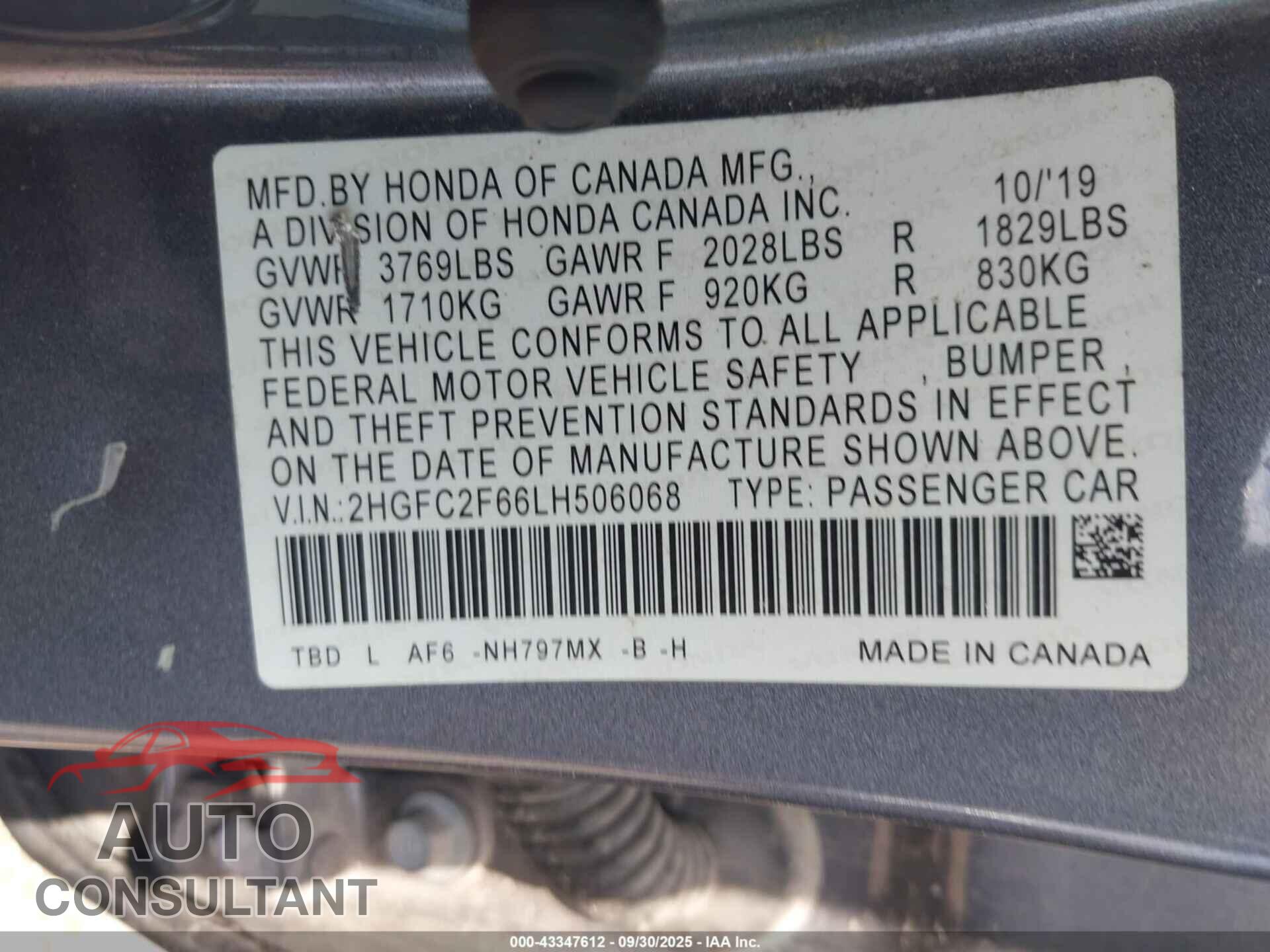 HONDA CIVIC 2020 - 2HGFC2F66LH506068