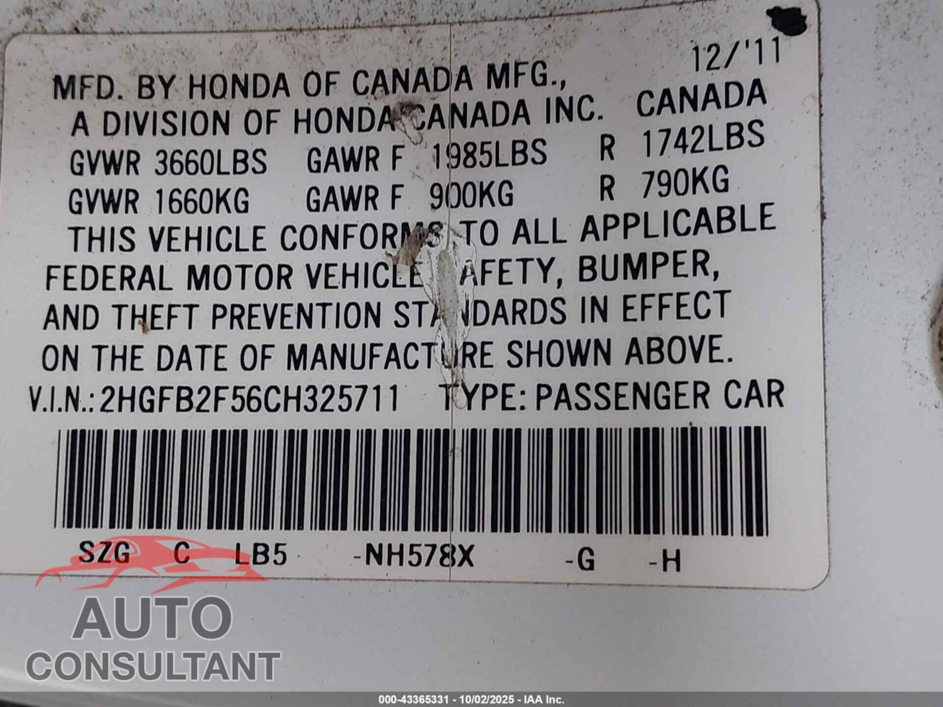 HONDA CIVIC 2012 - 2HGFB2F56CH325711