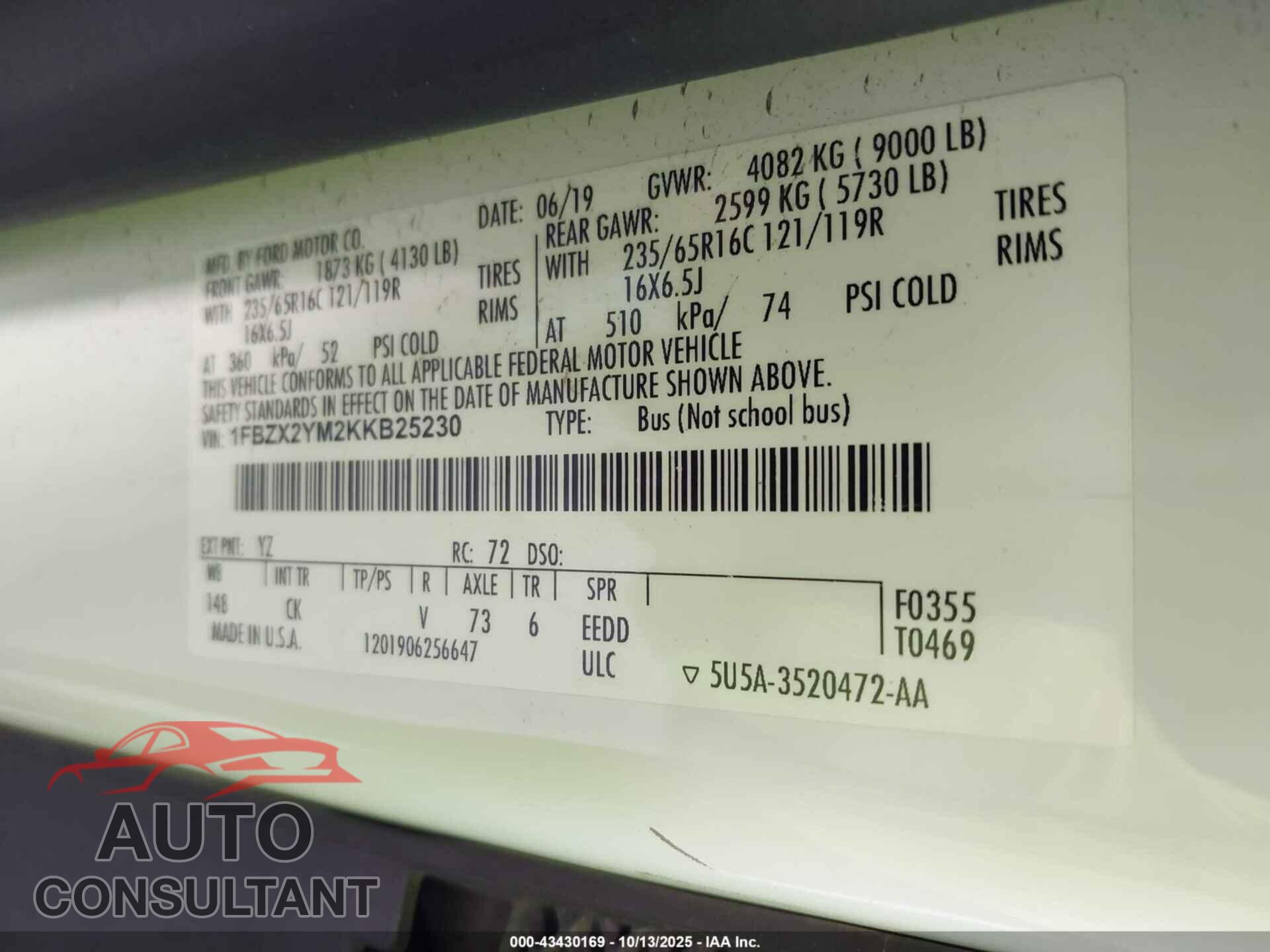 FORD TRANSIT-350 2019 - 1FBZX2YM2KKB25230