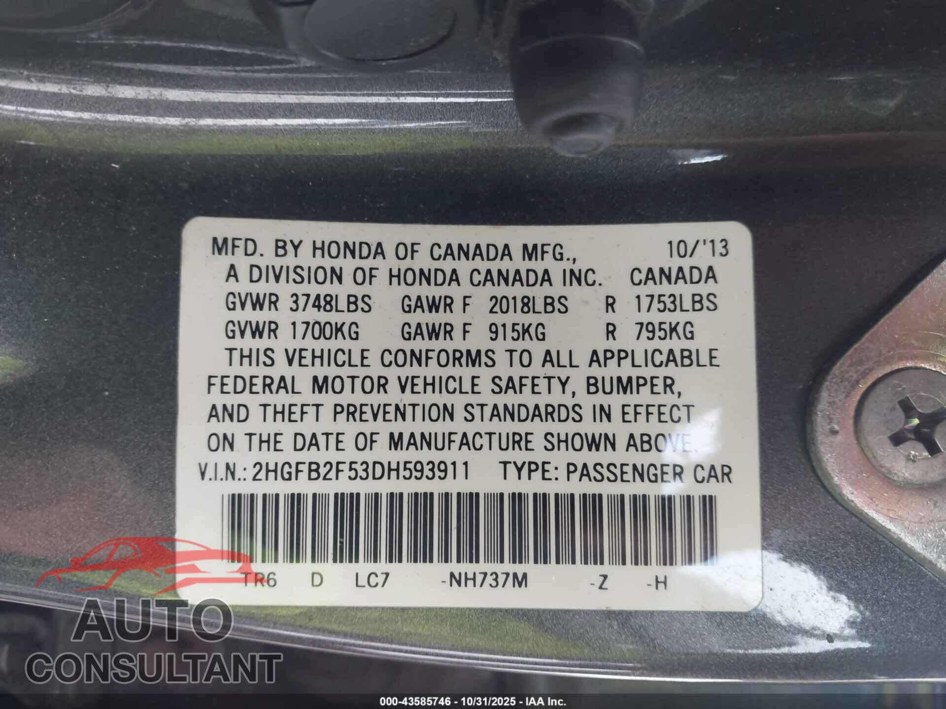 HONDA CIVIC 2013 - 2HGFB2F53DH593911