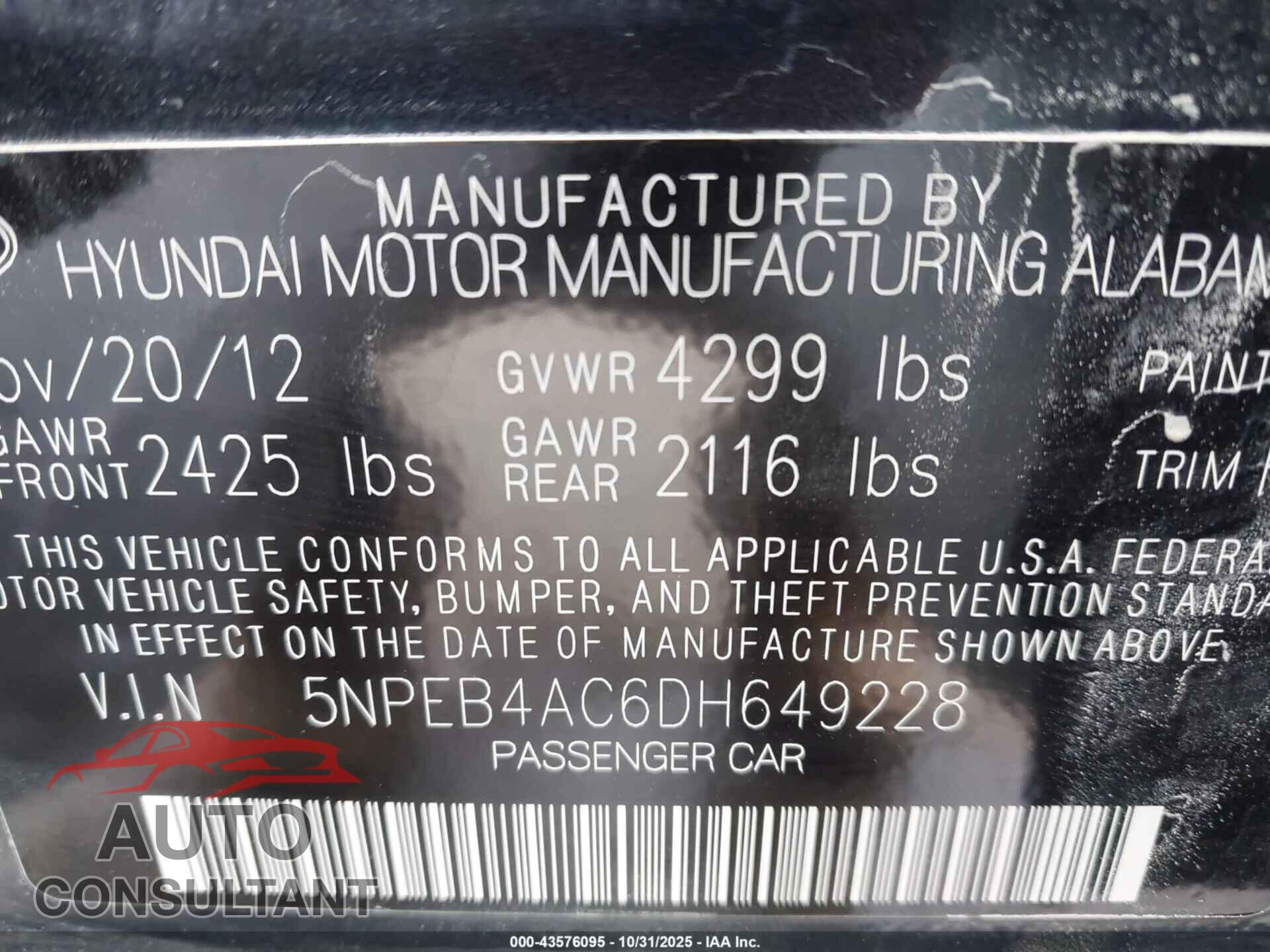 HYUNDAI SONATA 2013 - 5NPEB4AC6DH649228