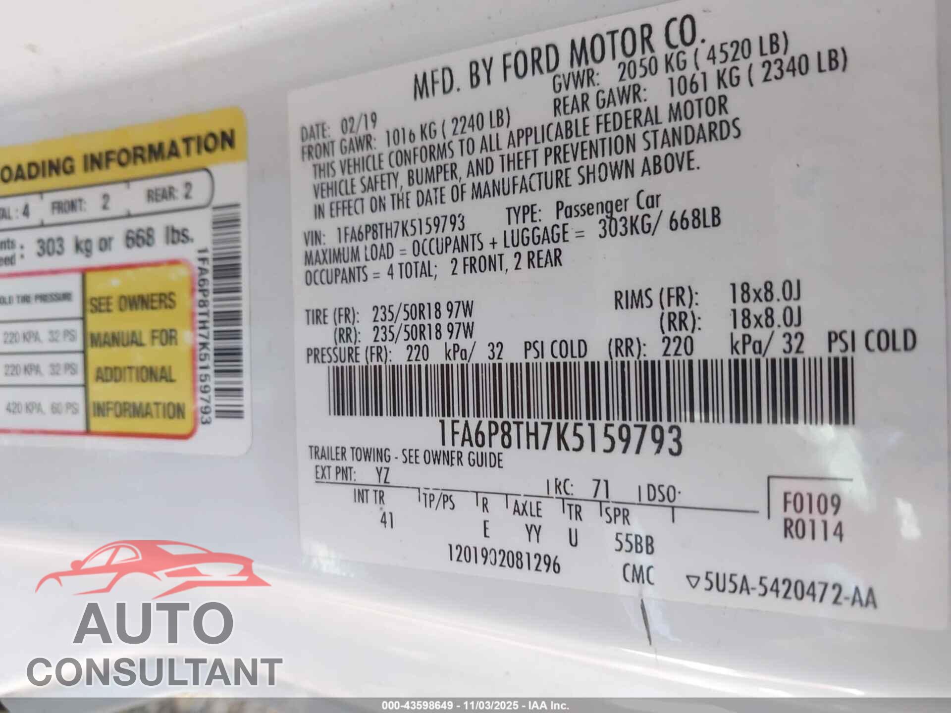 FORD MUSTANG 2019 - 1FA6P8TH7K5159793
