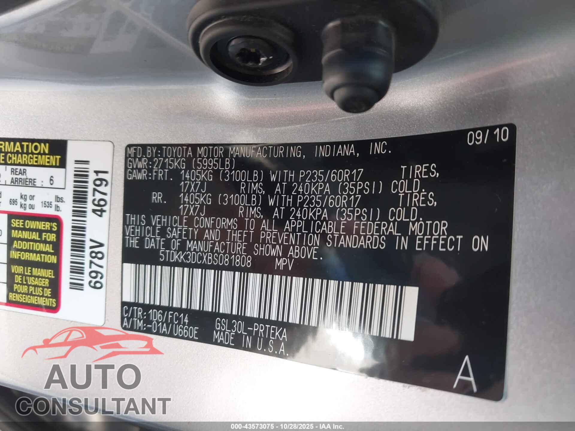 TOYOTA SIENNA 2011 - 5TDKK3DCXBS081808