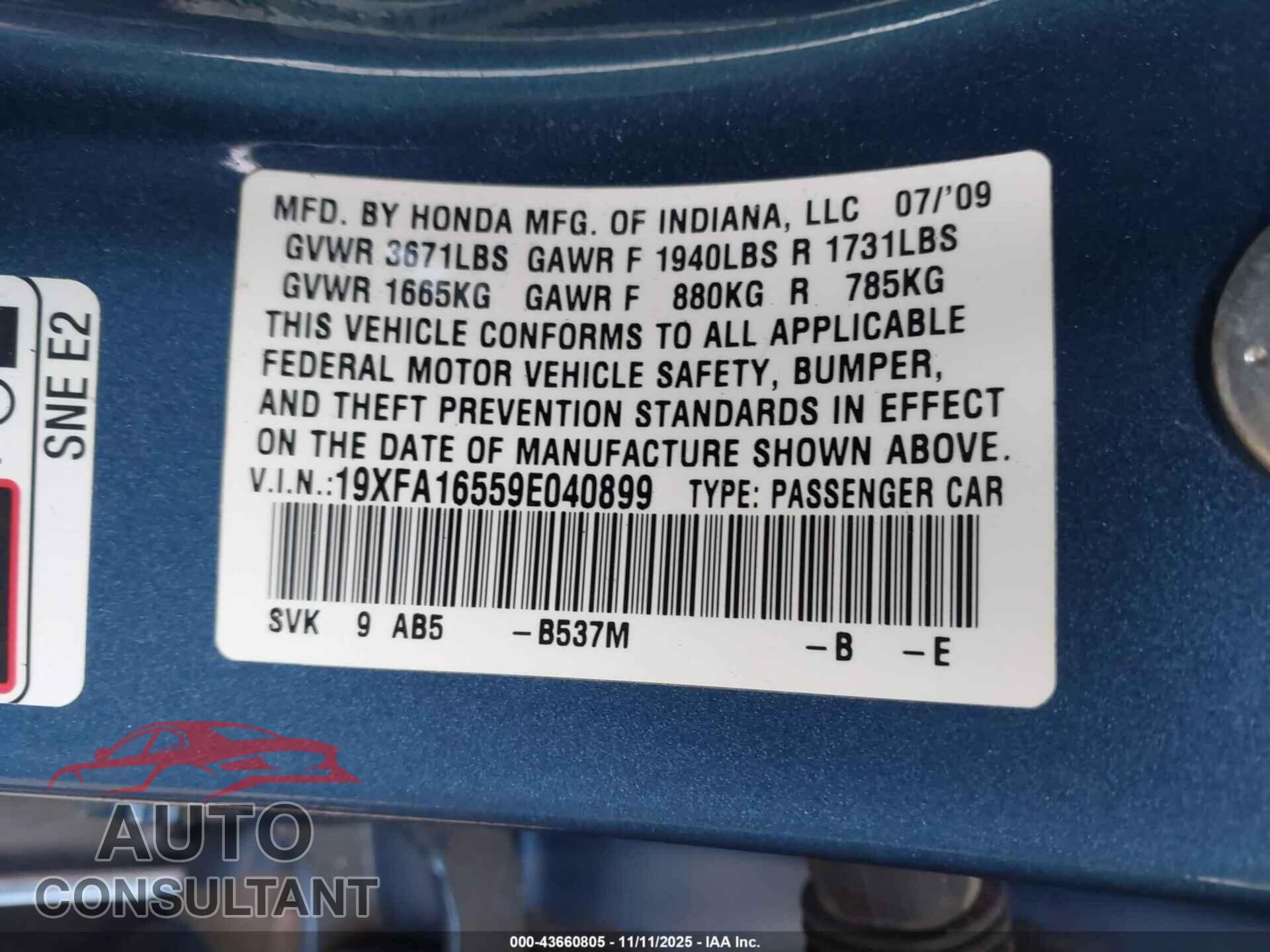 HONDA CIVIC 2009 - 19XFA16559E040899