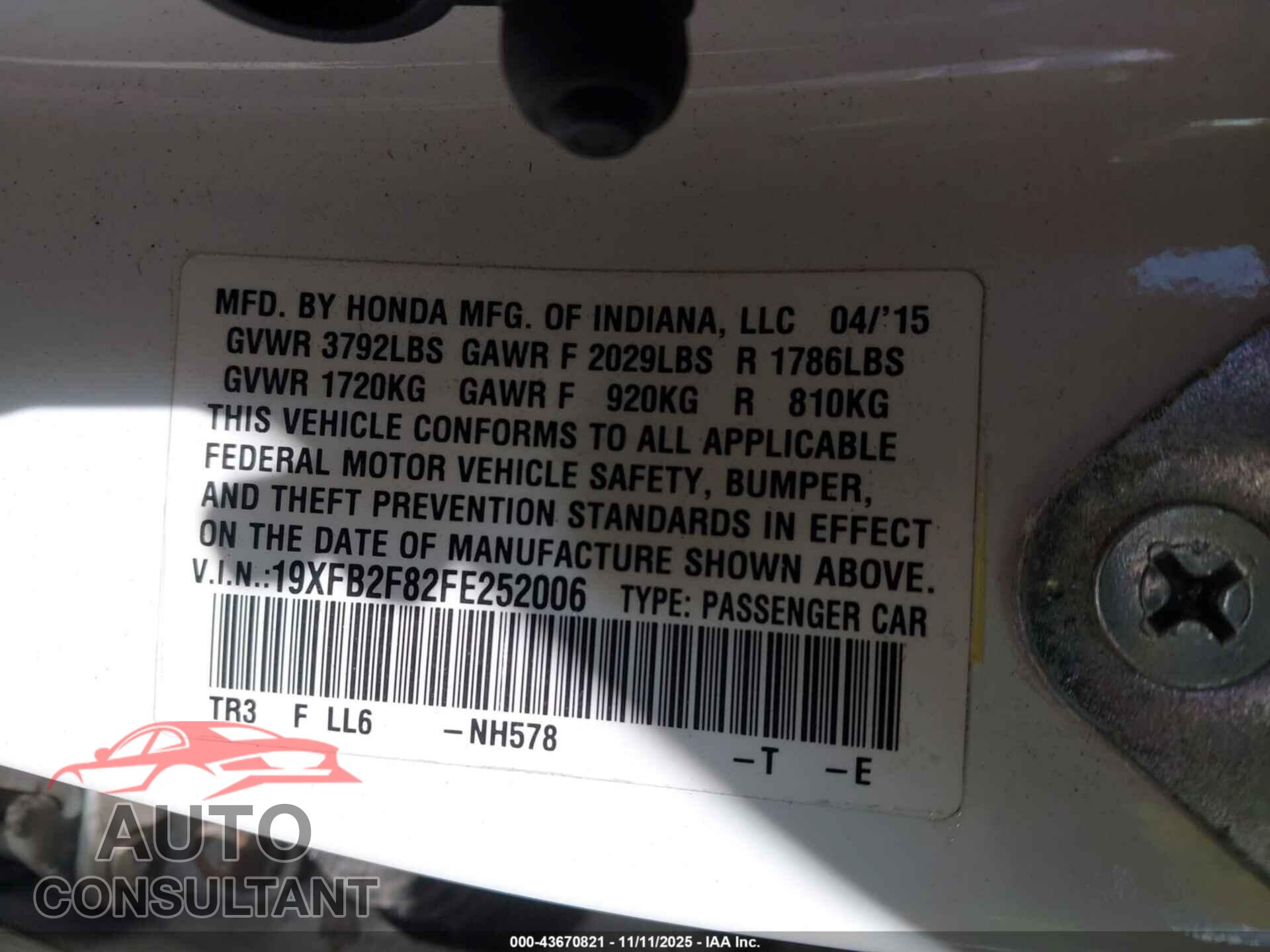 HONDA CIVIC 2015 - 19XFB2F82FE252006