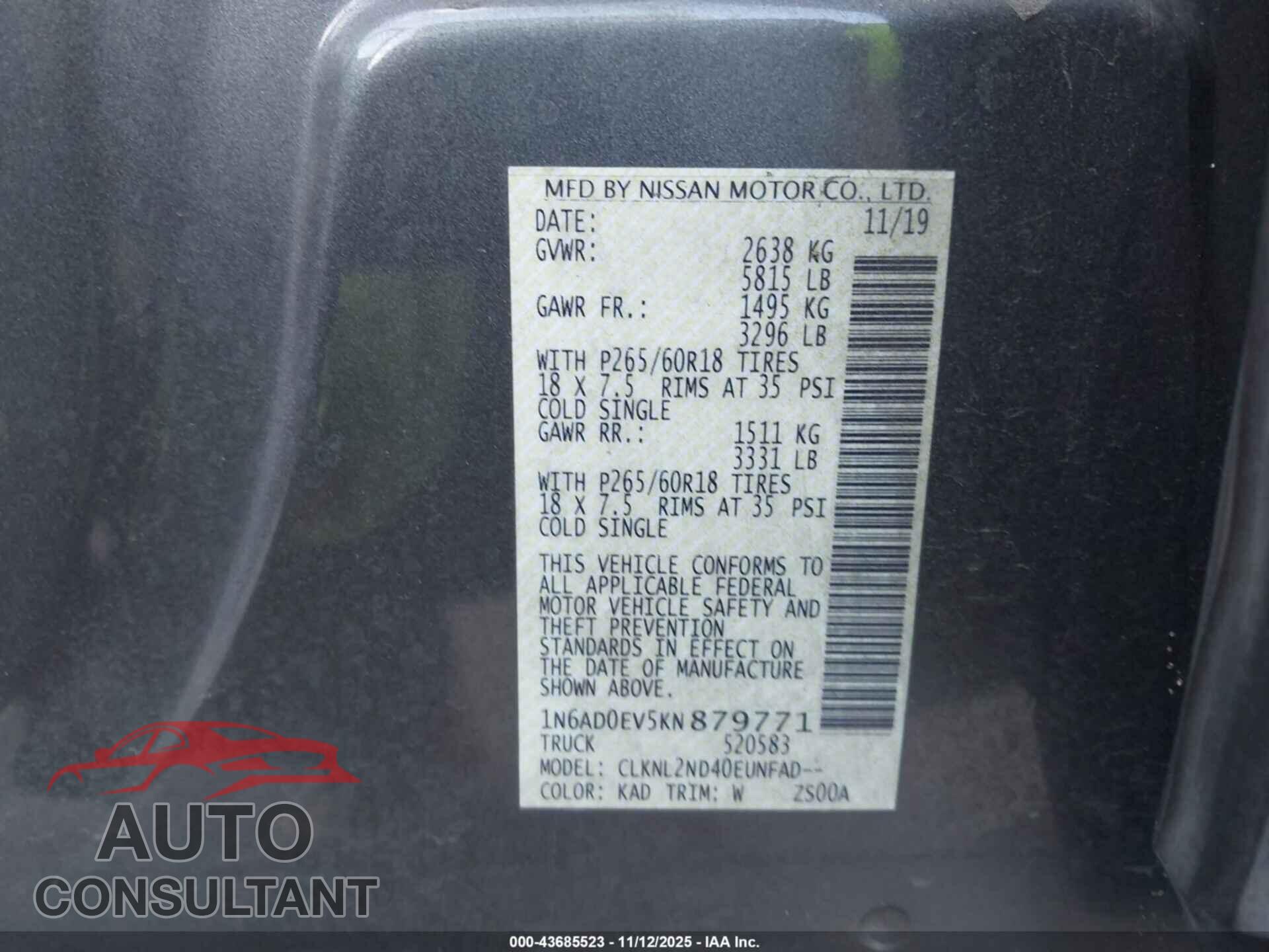 NISSAN FRONTIER 2019 - 1N6AD0EV5KN879771