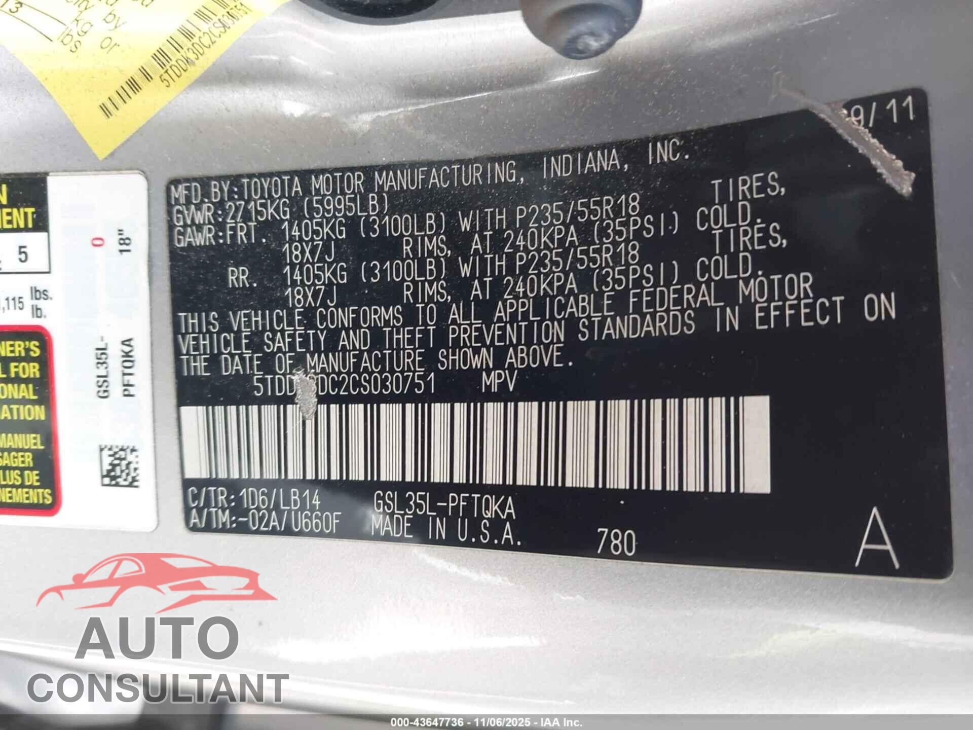TOYOTA SIENNA 2012 - 5TDDK3DC2CS030751