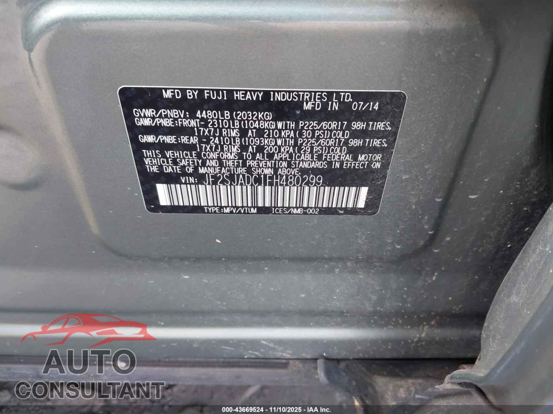 SUBARU FORESTER 2015 - JF2SJADC1FH480299