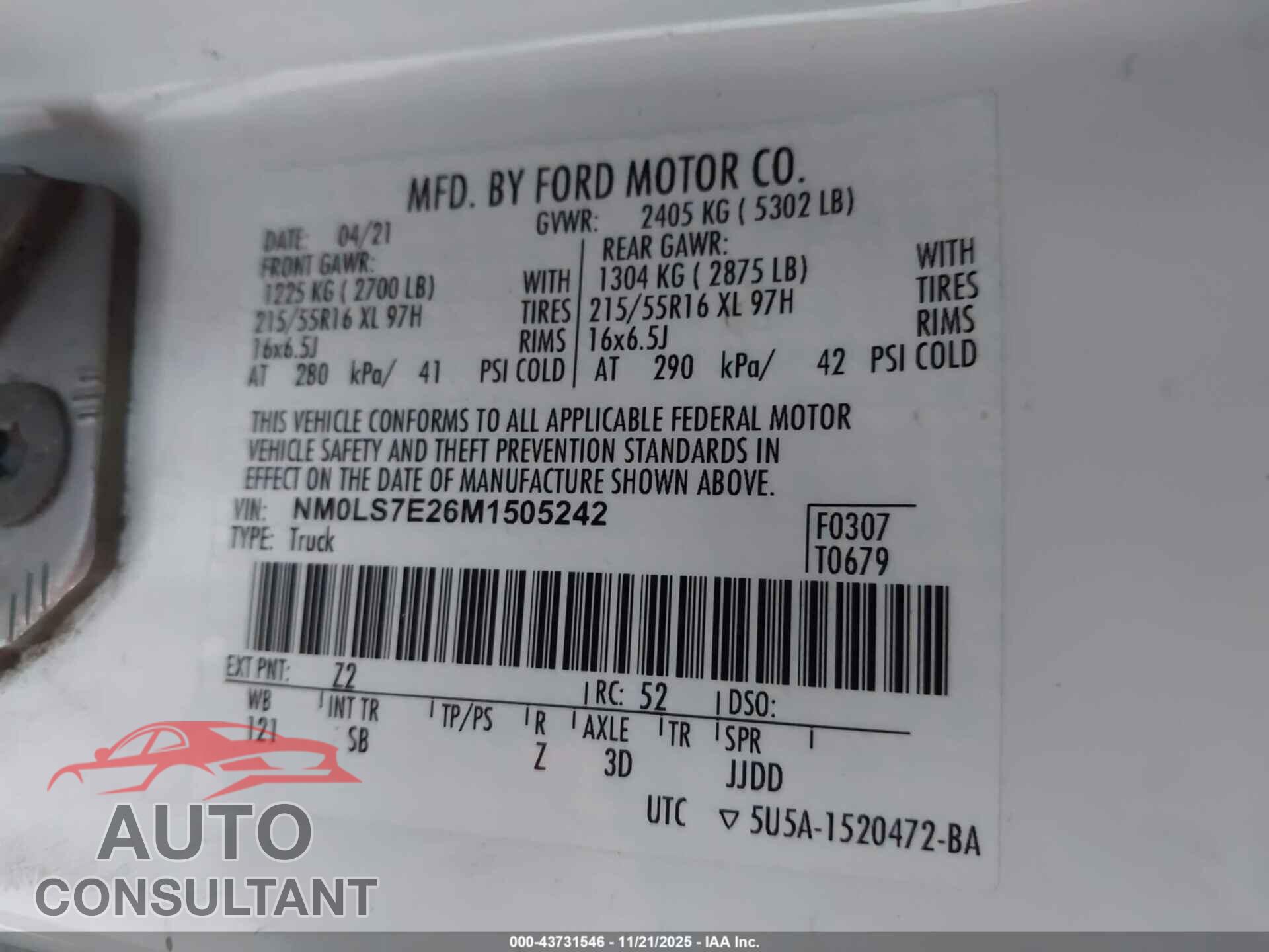 FORD TRANSIT CONNECT 2021 - NM0LS7E26M1505242