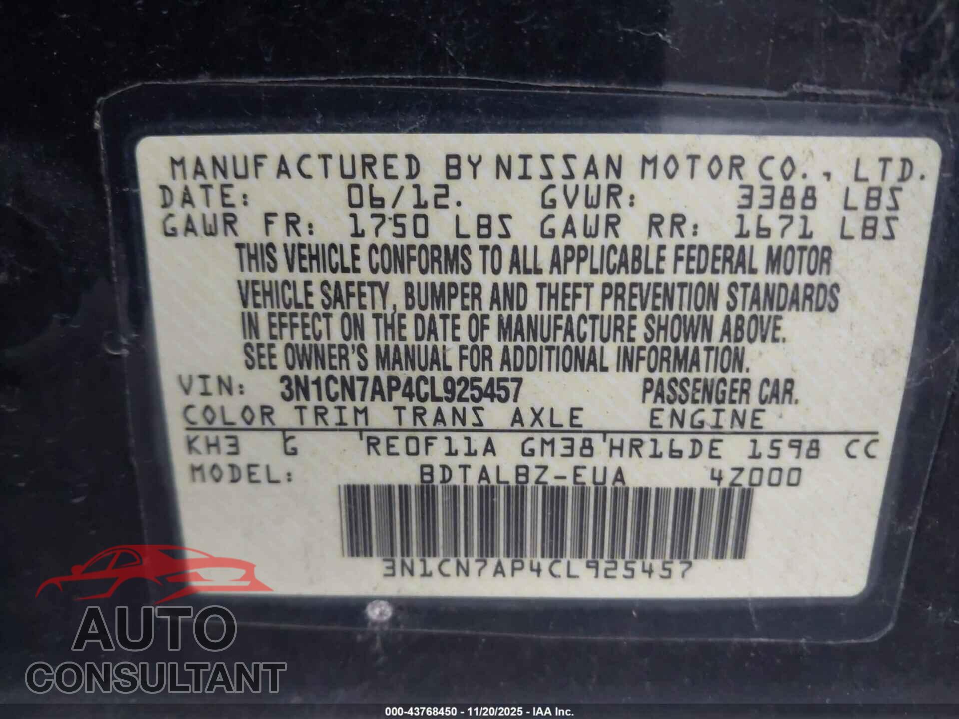 NISSAN VERSA 2012 - 3N1CN7AP4CL925457